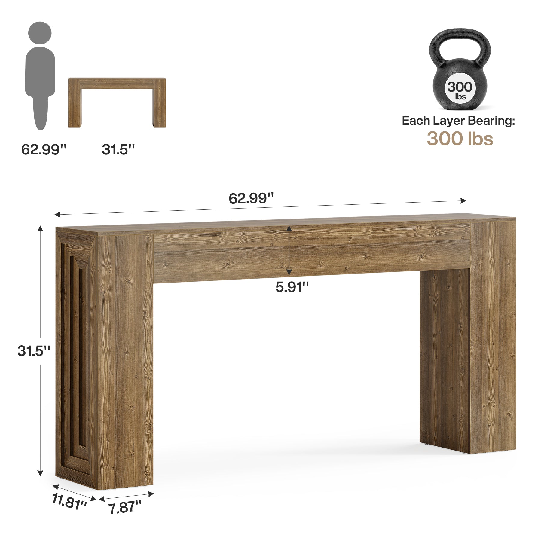63" Farmhouse Console Table, Narrow Sofa Table with Natural Brown Finish for Entryway