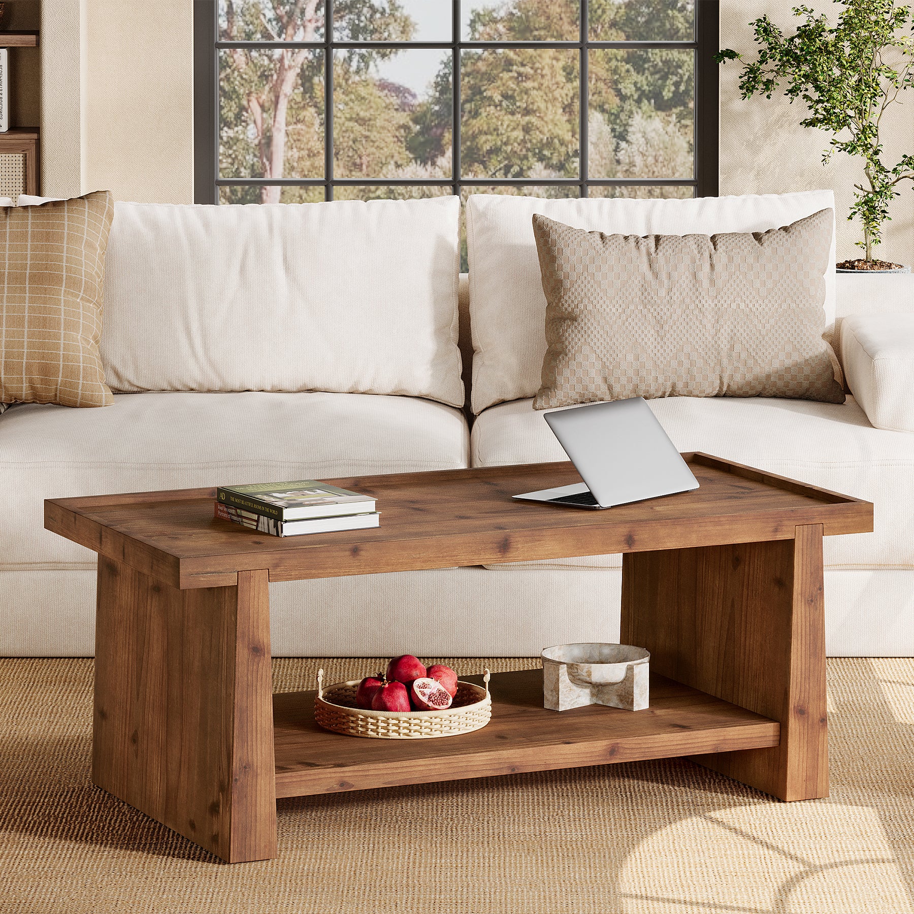47.24"  Solid Wood Coffee Table with Raised Edge, Rustic Farmhouse 2 Tier Center Table