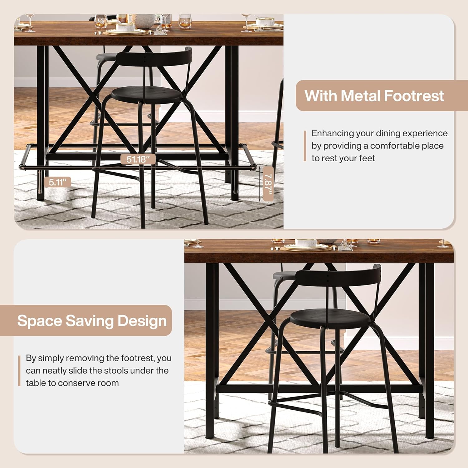 35" Counter Height Dining Table for 6 with Metal Footrest, Rectangular Rustic Brown