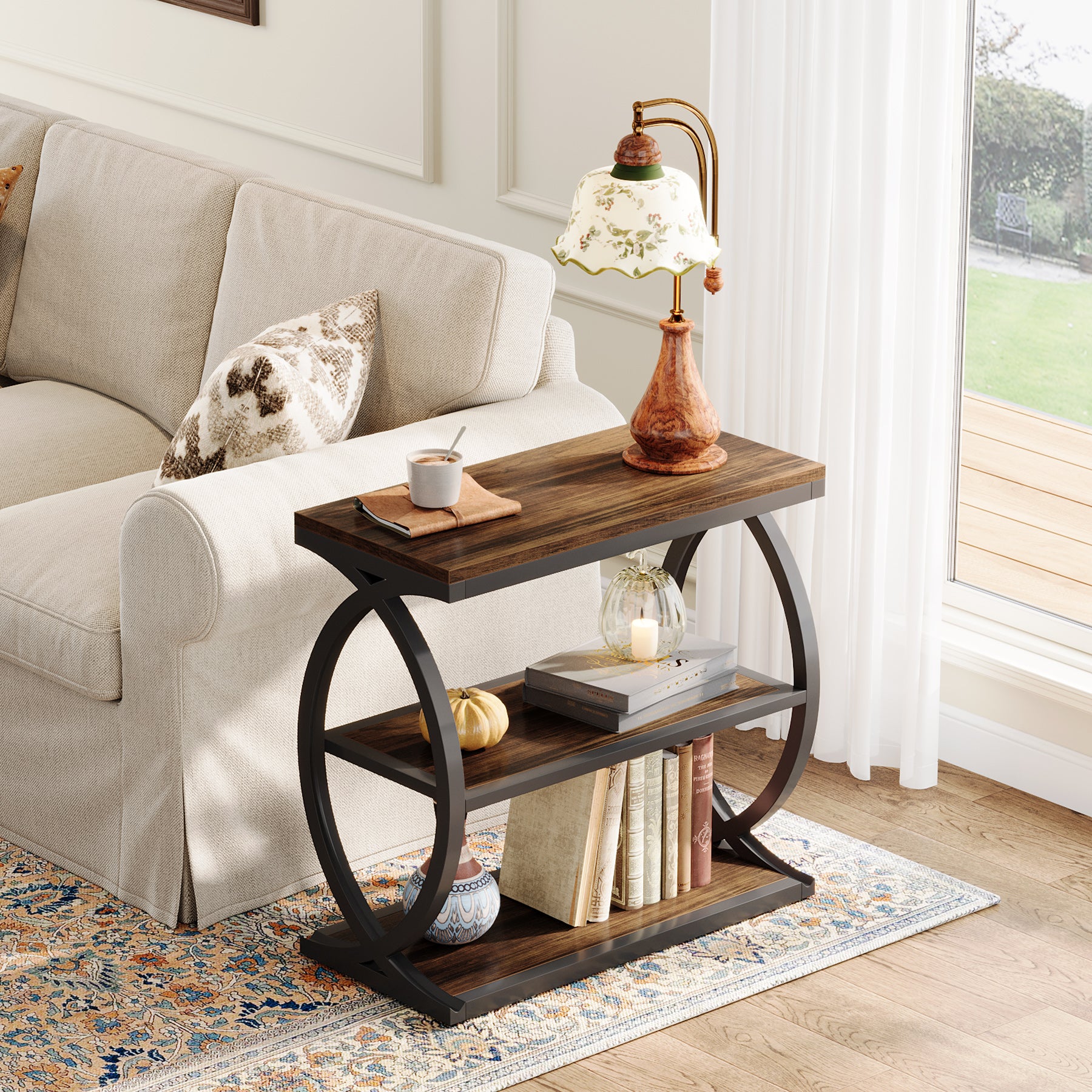 23.62" Rustic Brown Narrow End Table, 3-Tier Industrial Wood & Metal Side Table for Small Space