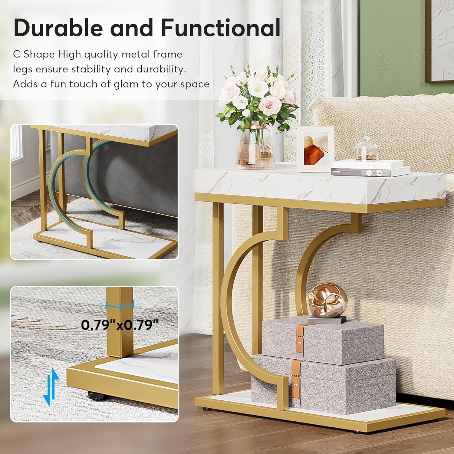 24" Modern C-Shaped Side Table - White & Gold Narrow End Table with Metal Frame