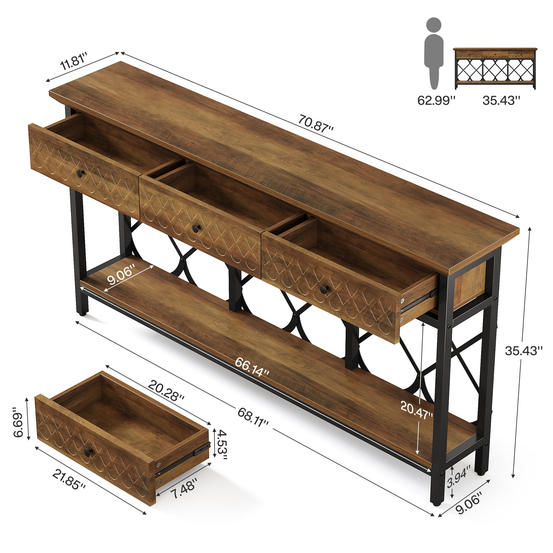 Tribesigns 70.86-Inch Extra Long Console Table with 3 Drawers and Storage Shelf, Industrial Narrow Sofa Table for Living Room Entryway and Hallway
