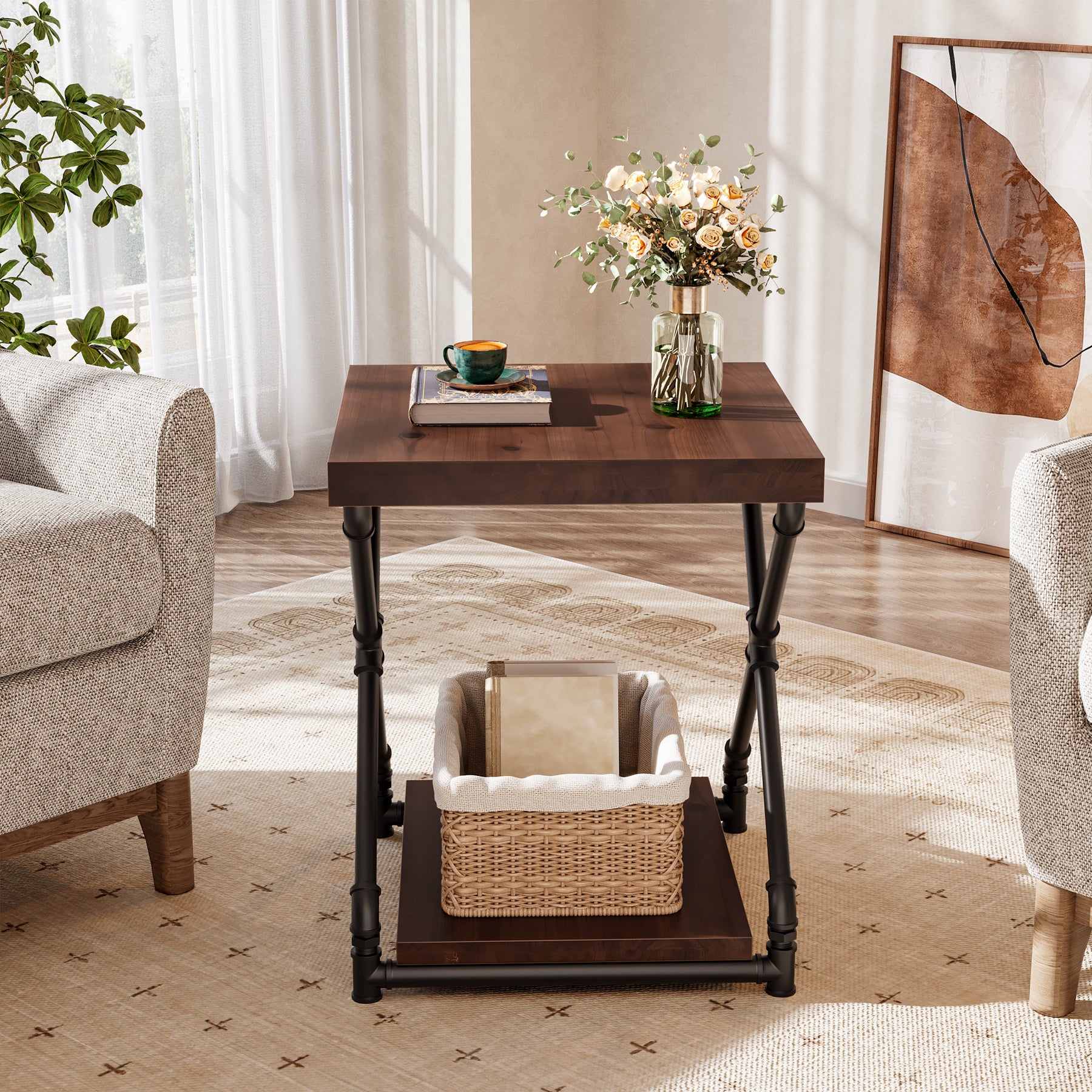 Solid Wood End Table with Storage Shelf and X-Shaped Legs, Small Wood Nightstand