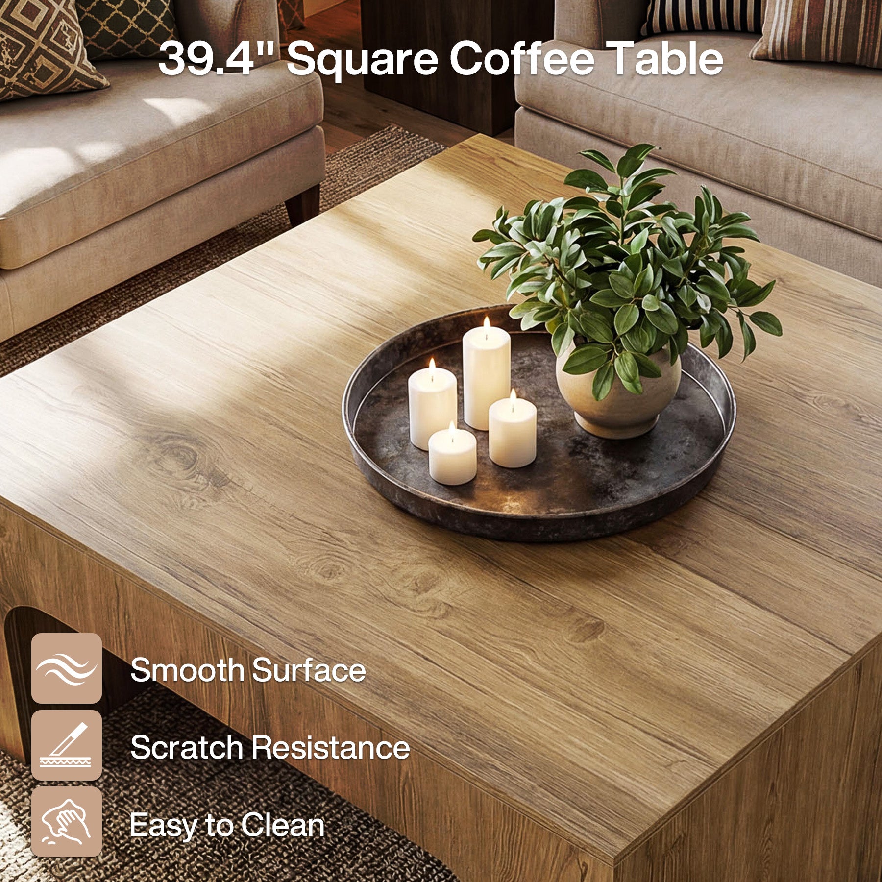 39 Inch Square Coffee Table, Farmhouse Wooden Center Table with Curved Design for Living Room