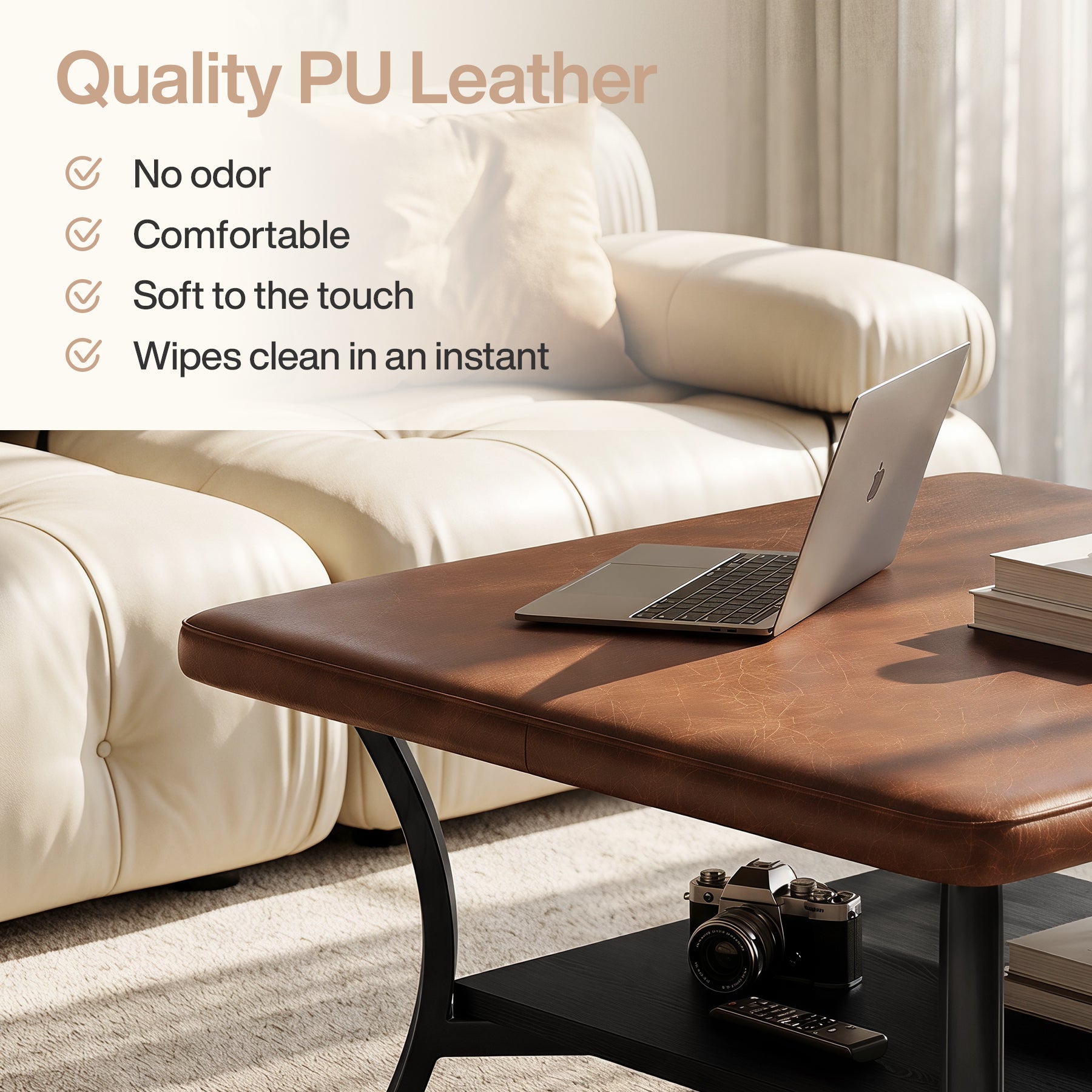 31.5-Inch Square Coffee Table, Upholstered Ottoman with PU Leather Top for Living Room