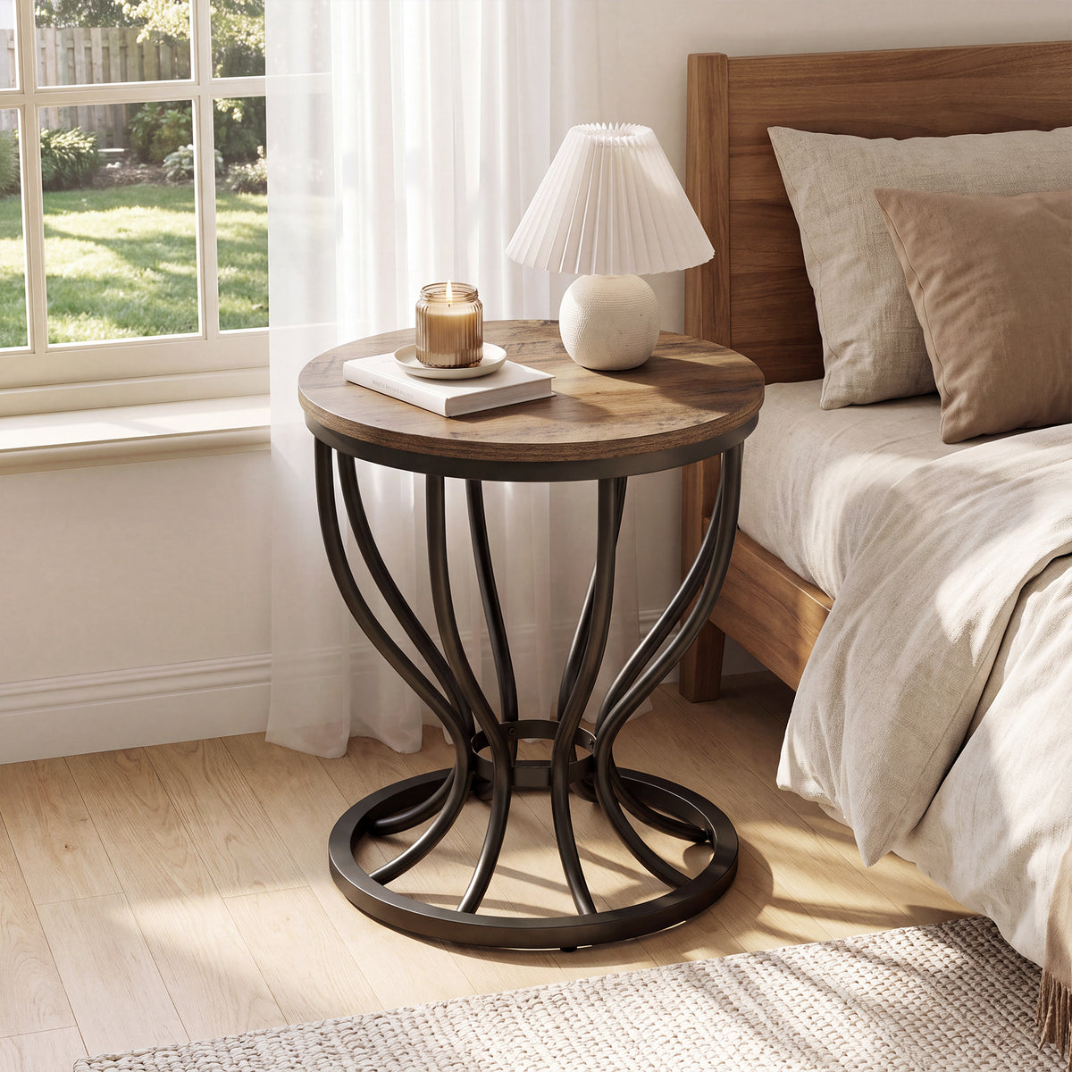 Tribesigns 19.7-Inch Round Side Table with Metal Frame, Rustic Accent Table for Living Room