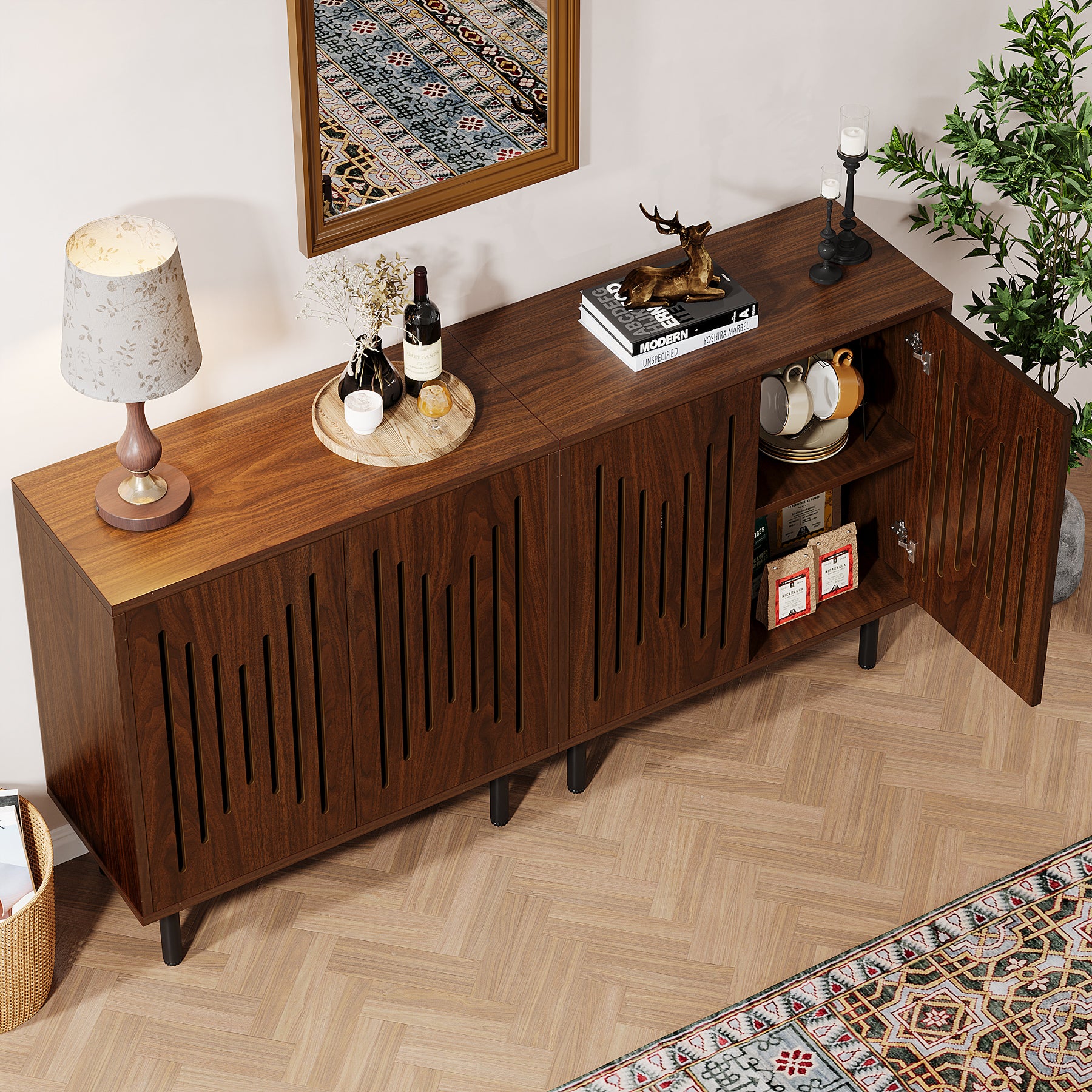 Tribesigns 59-Inch Vintage Sideboard Buffet Set of 2 with Adjustable Shelves, Farmhouse Storage Cabinet for Kitchen Living Room and Hallway