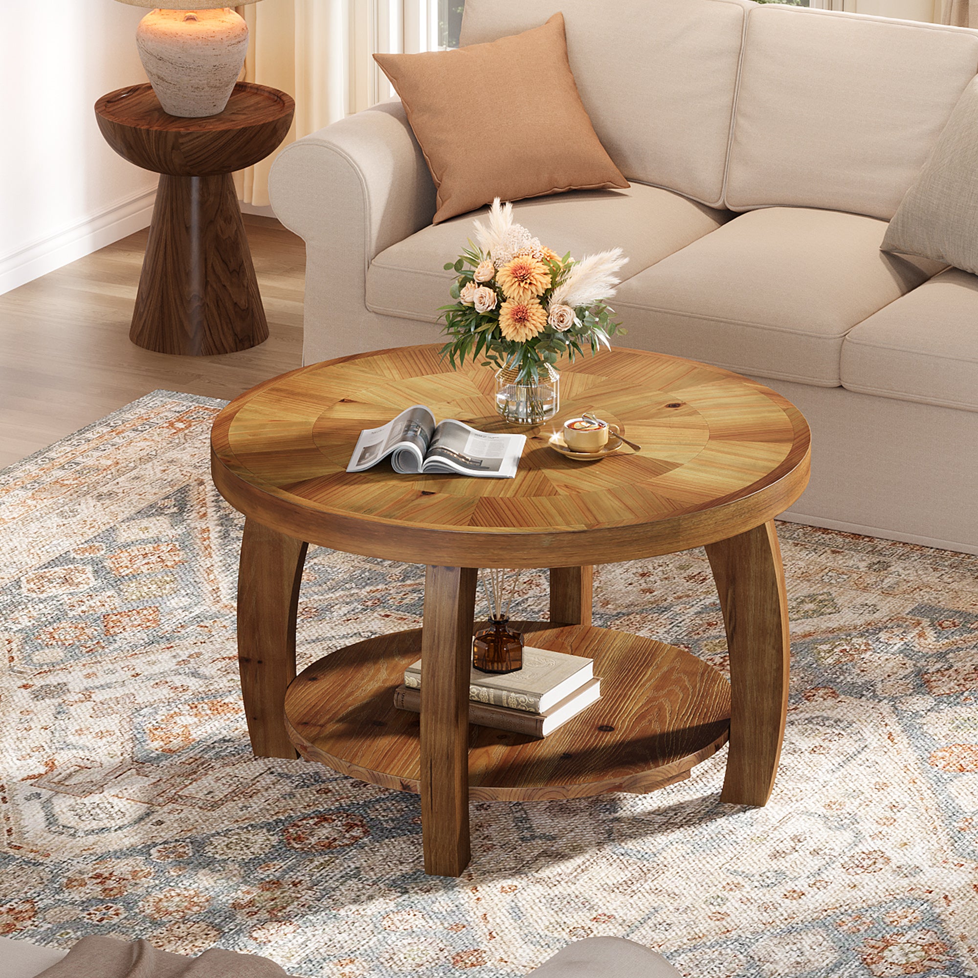 31.5-Inch Solid Wood Round Coffee Table, 2-Tier Center Table with Mosaic Pattern and Storage