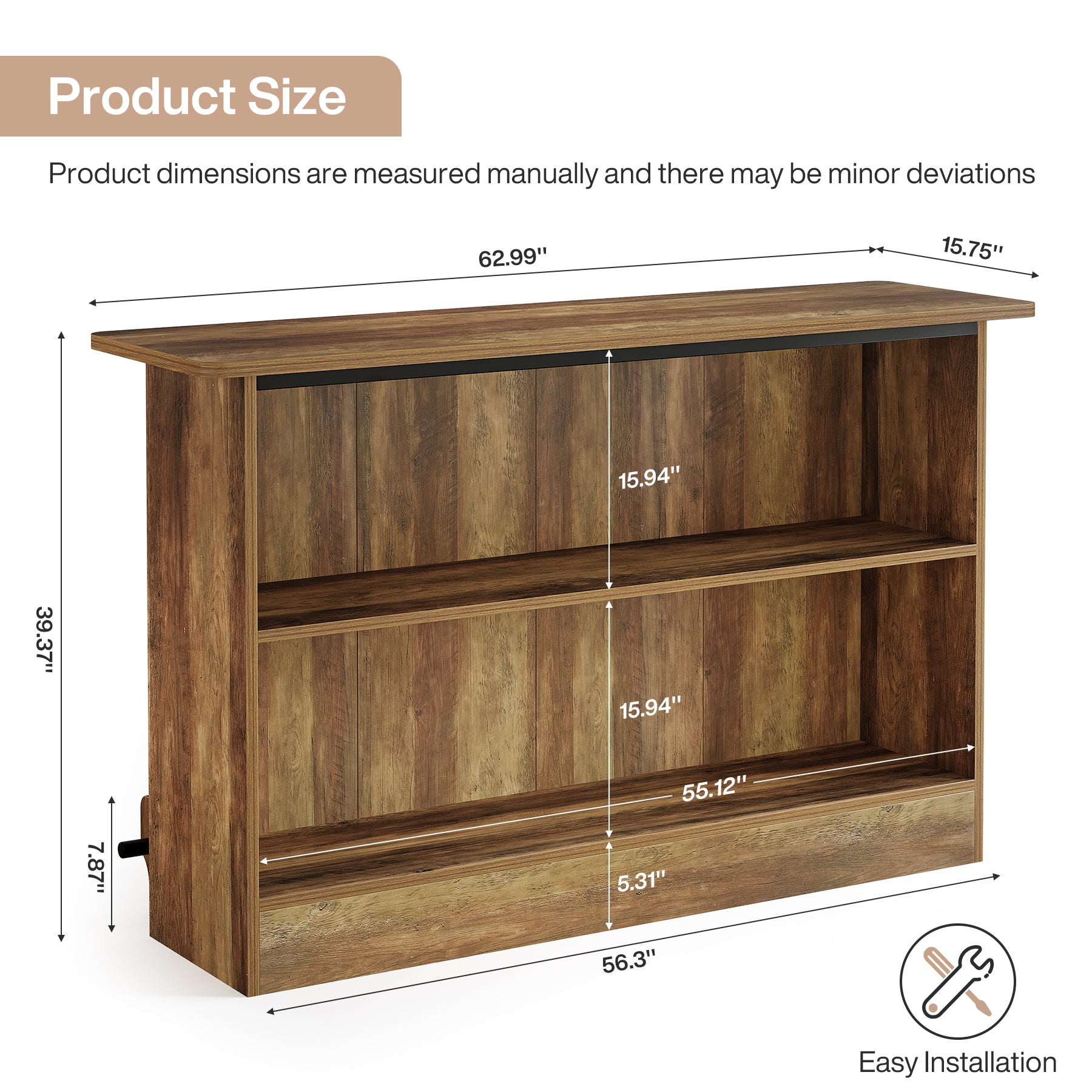 63-Inch Bar Table with 2-Tier Storage Shelves and Metal Footrest for Bistro and Basement Bar