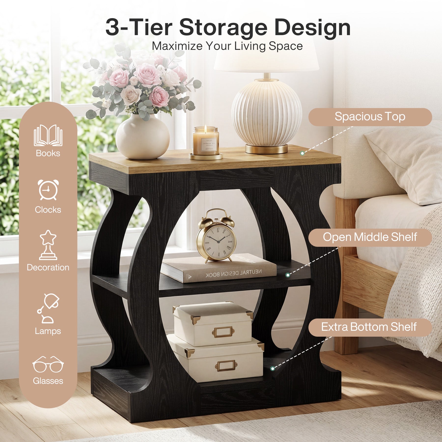 23.6 Inch Nightstand with 3-Tier Storage, Modern Narrow Bedside Table with Curved Frame for Bedroom