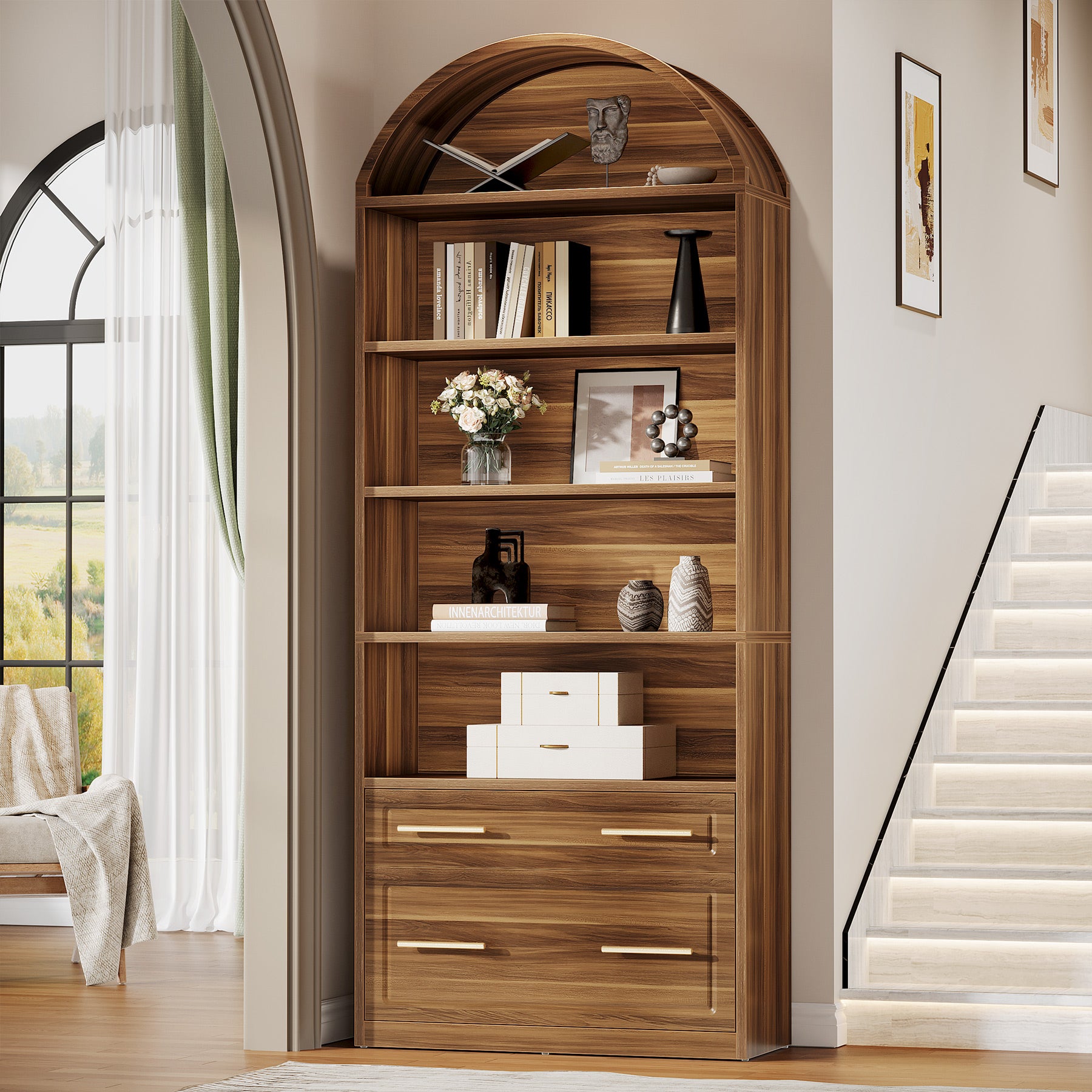 76.8-Inch Arched Bookcase with File Cabinet Drawer, 5-Tier Storage for Home Office