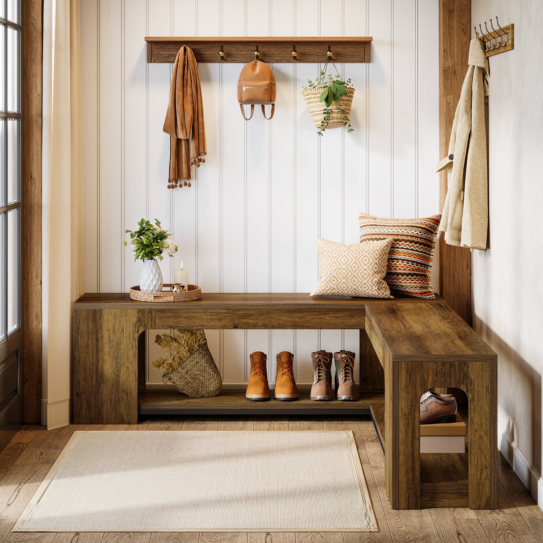 47.24-Inch L Shaped Corner Bench with Removable Seat Cushion and 2-Tier Storage, Farmhouse Breakfast Nook Bench
