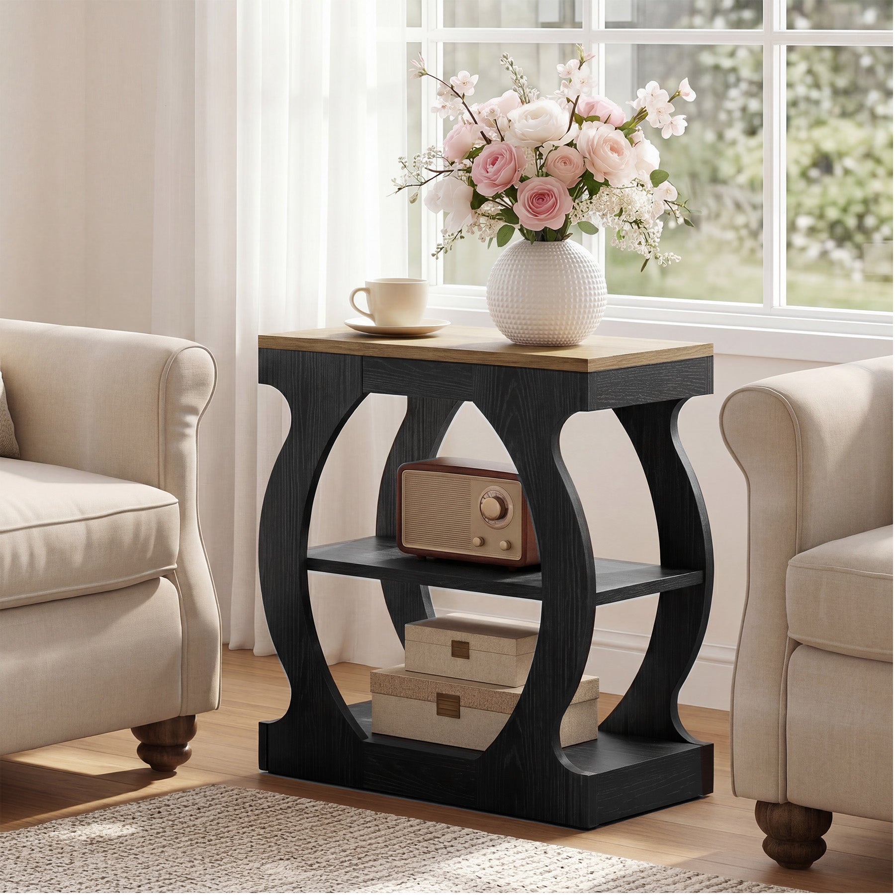 Tribesigns 23.6 Inch Narrow End Table with 3-Tier Storage, Wooden Side Table with Curved Frame