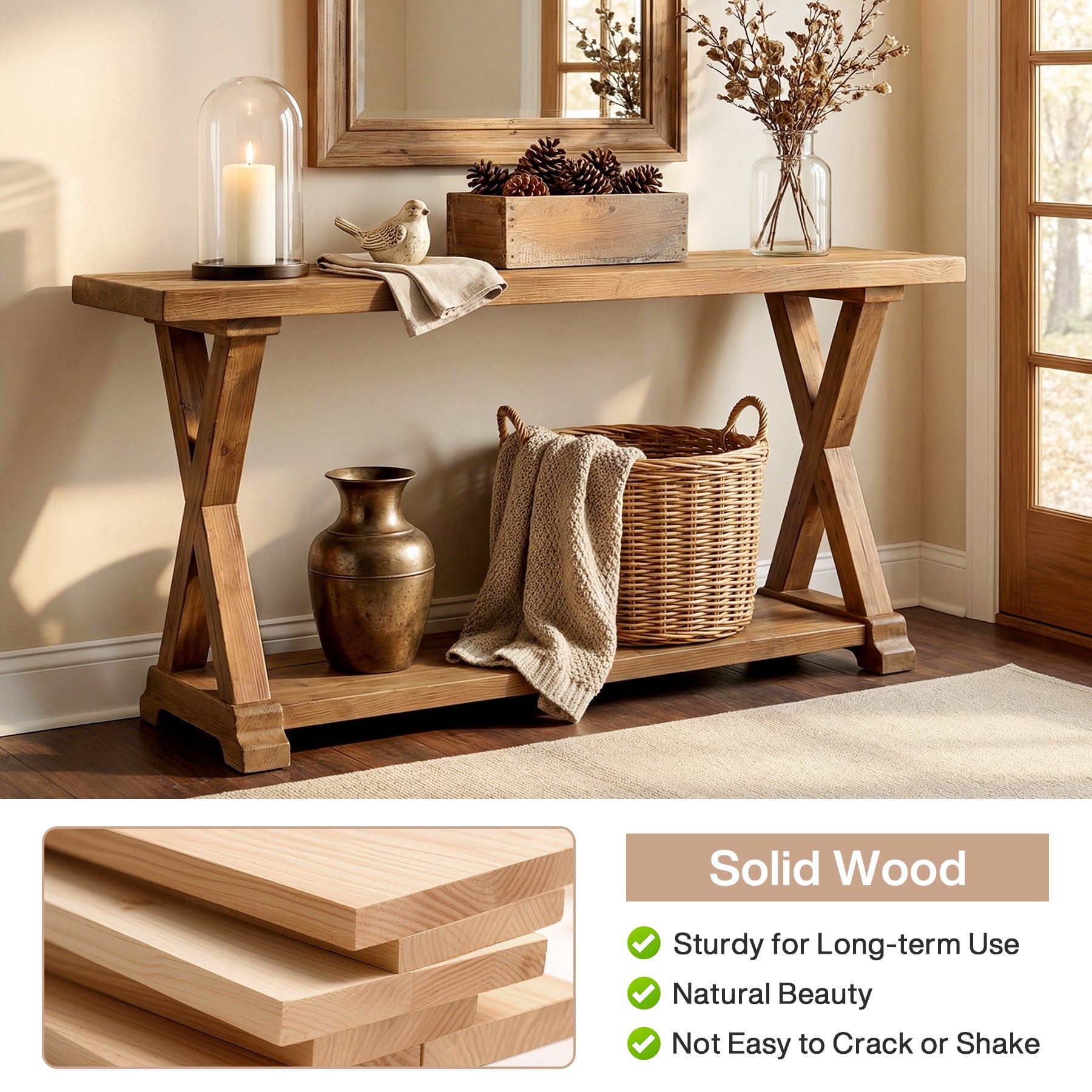 63 Inch Solid Wood Console Table with Storage, 2 Tier Farmhouse Sofa Table