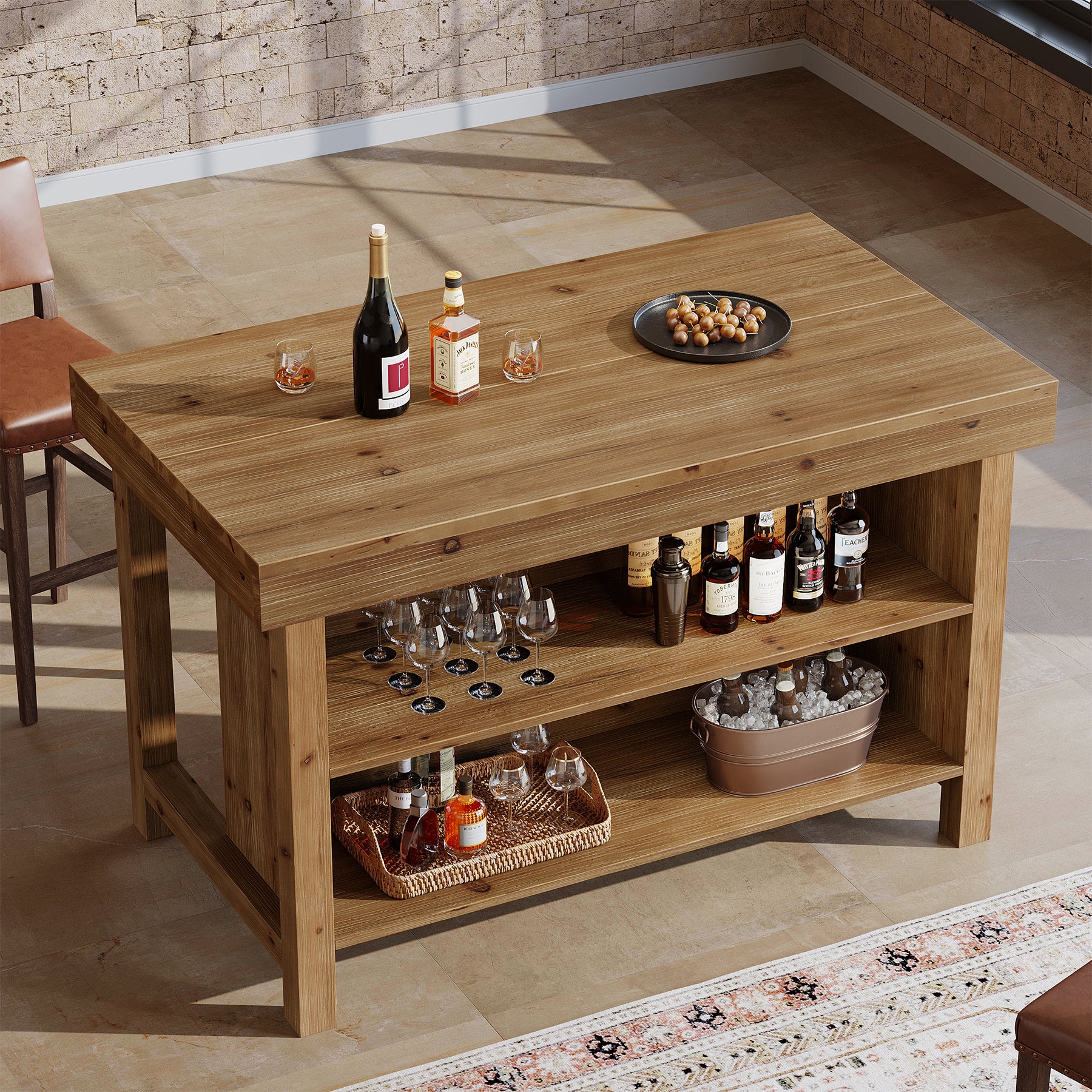 Tribesigns 55-Inch Solid Wood Bar Table with 3-Tier Open Storage Shelves, Farmhouse Counter Height Pub Table