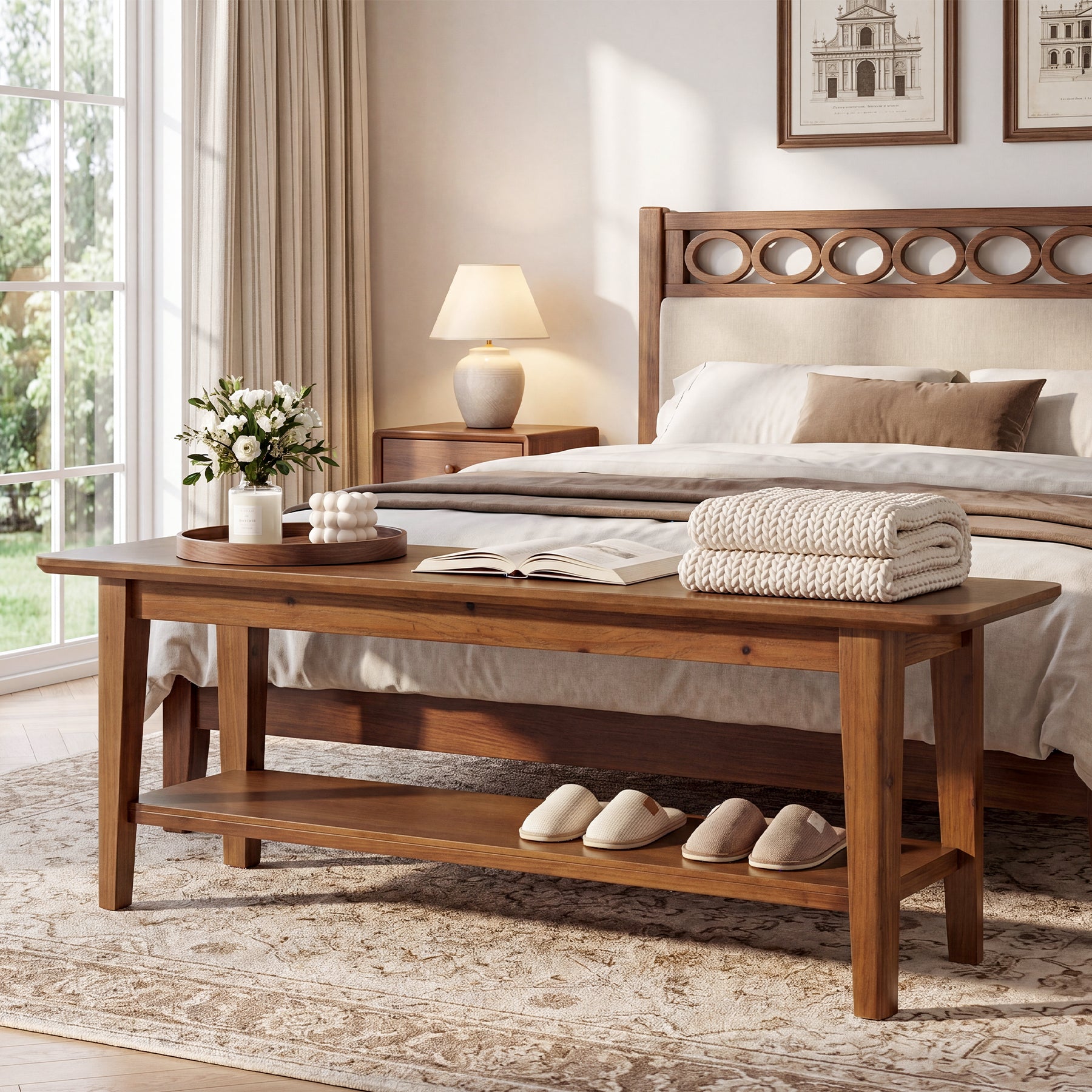 Tribesigns 55.12-Inch Wooden Shoe Bench with Open Shelves, Farmhouse Entryway Bench for Hallway