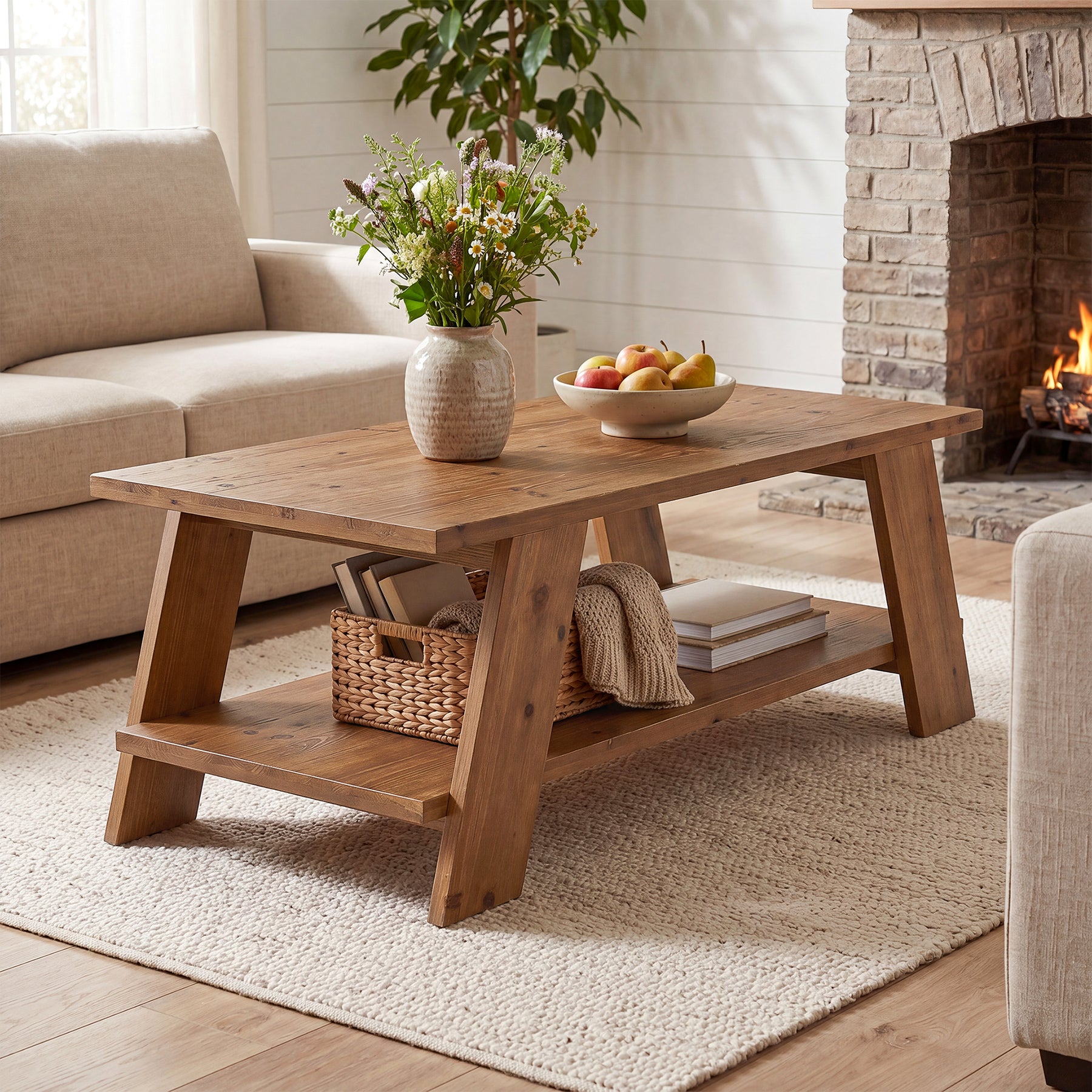 47-Inch Solid Wood Coffee Table with 2-Tier Storage, Farmhouse Rectangle Centre Table for Living Room