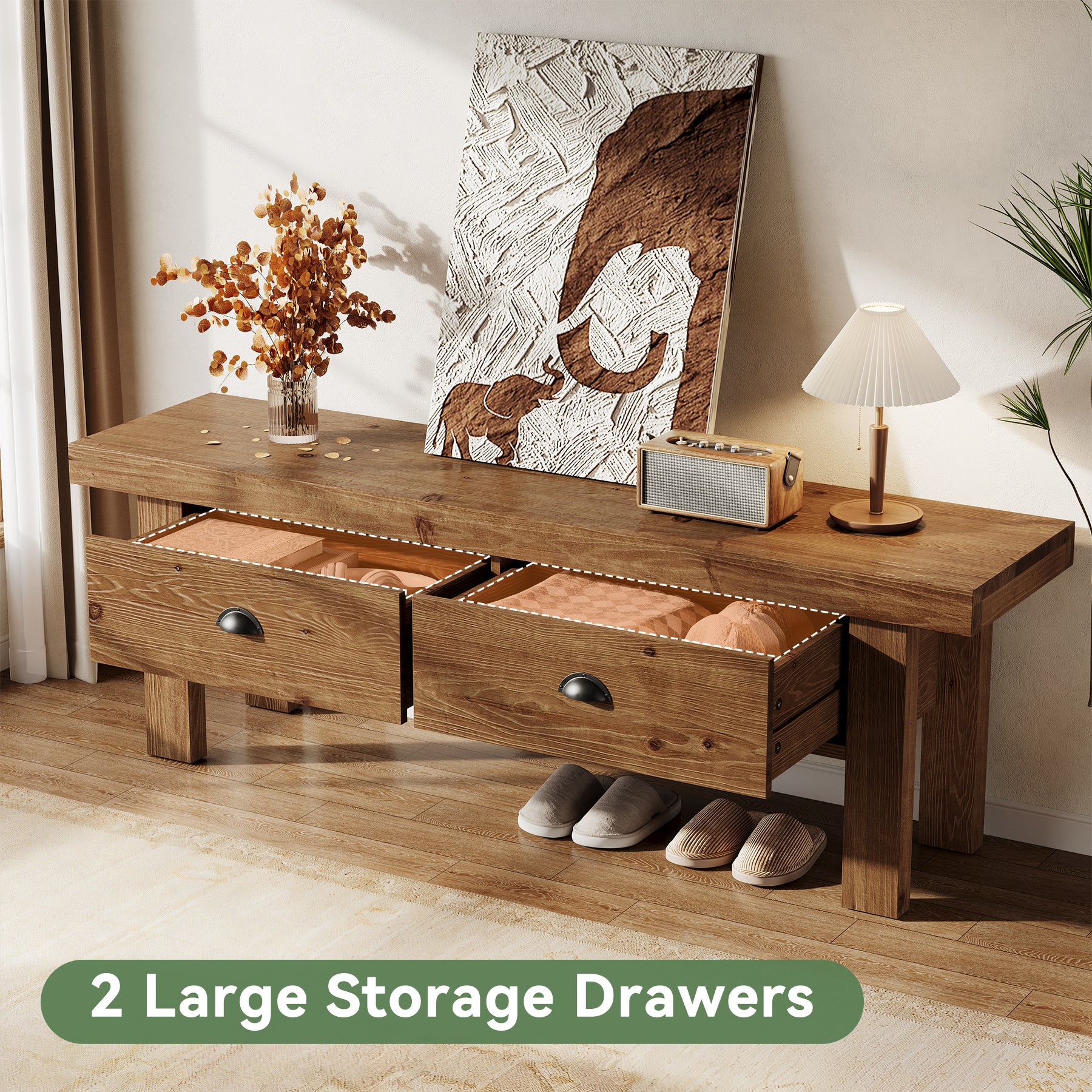 Tribesigns 55 Inch Solid Wood Storage Bench with 2 Drawers, Farmhouse Entryway Seat for Hallway