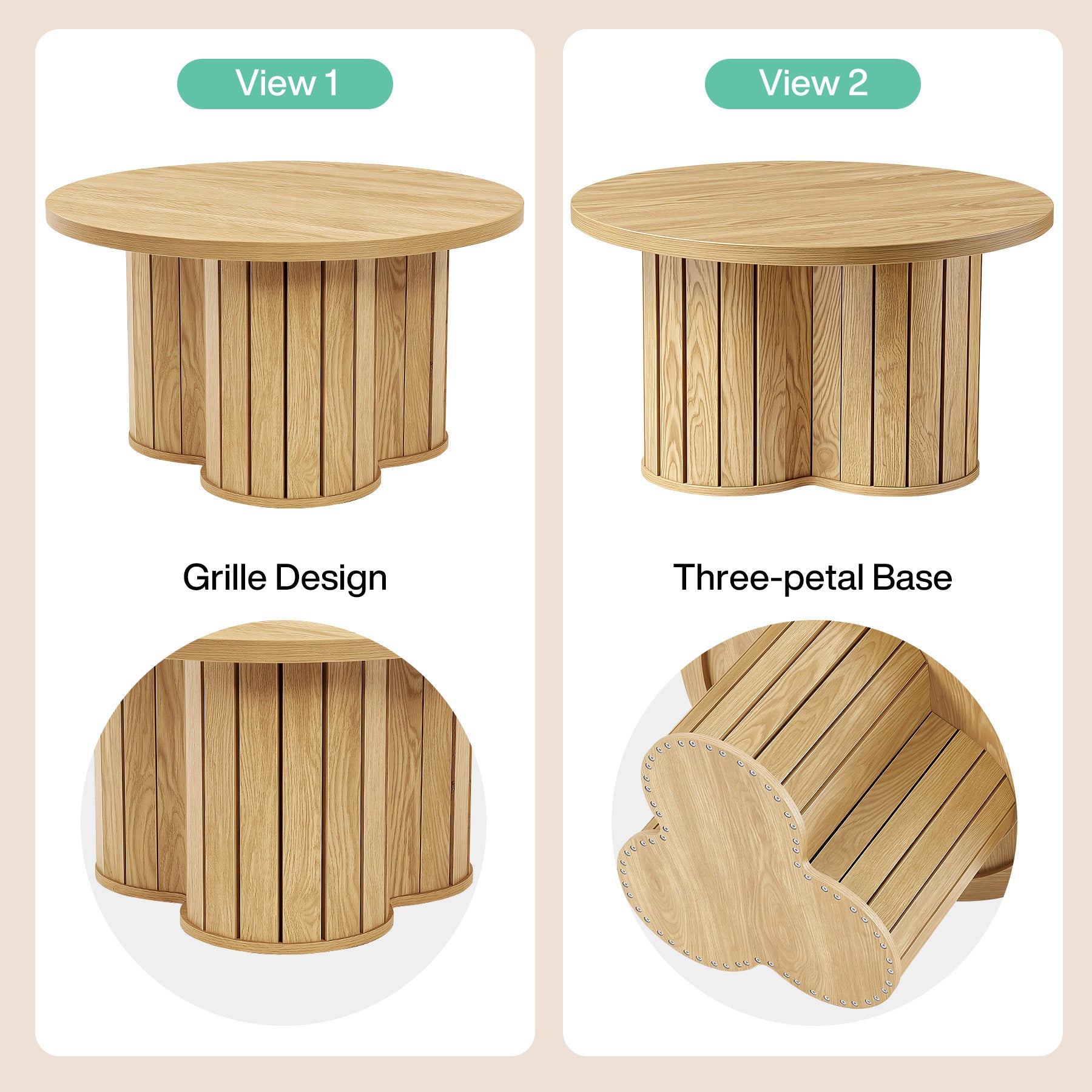 31.5-Inch Round Coffee Table, Wooden Circle Center Table with Fluted Three-Lobed Base for Living Room Apartment