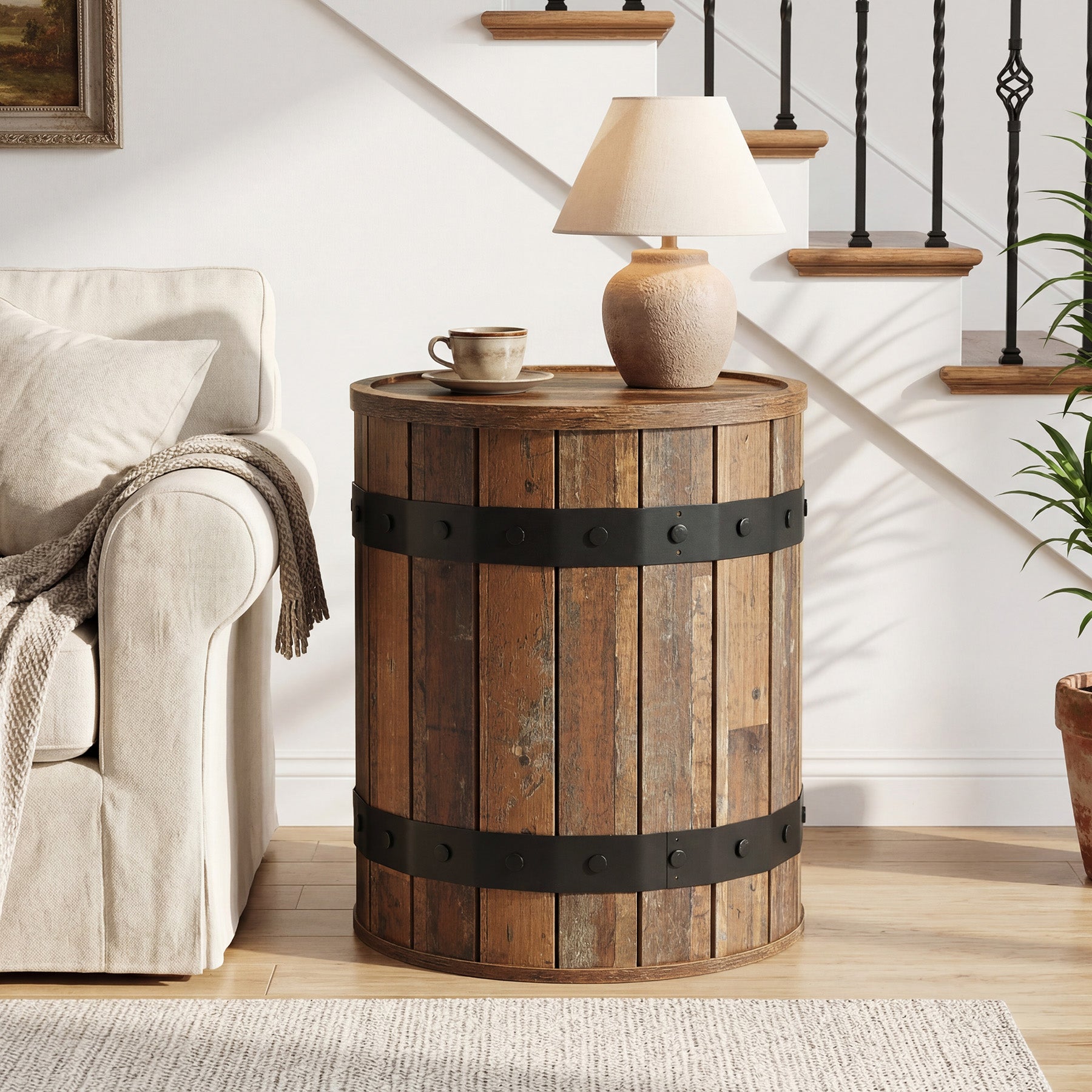 19.68-Inch Barrel Side Table with Hidden Storage, Farmhouse Round End Table with Removable Lid