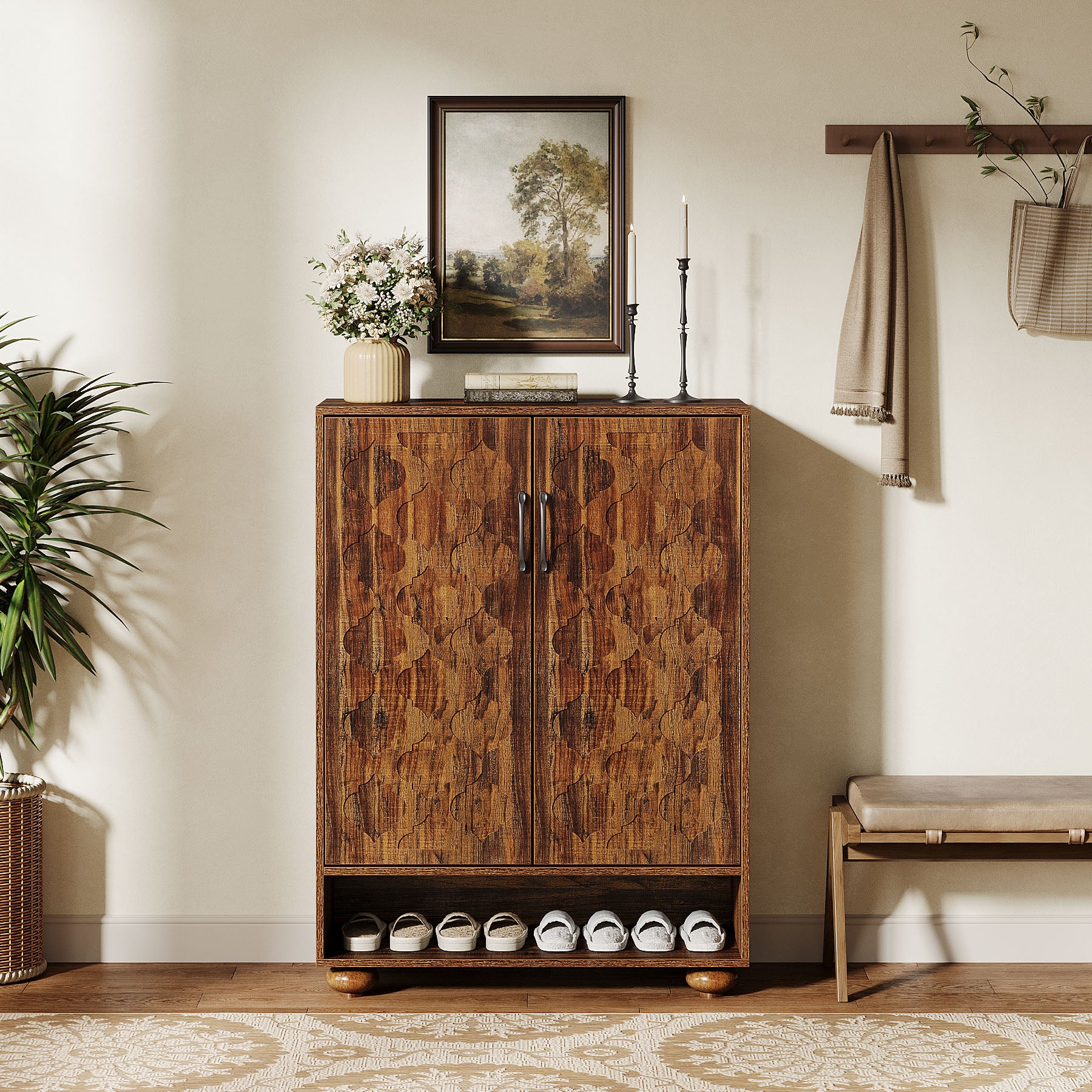 Tribesigns 31.5-Inch Solid Wood Shoe Cabinet for Entryway, Farmhouse Tall Shoe Storage Cabinet with Doors and Adjustable Shelves for Hallway