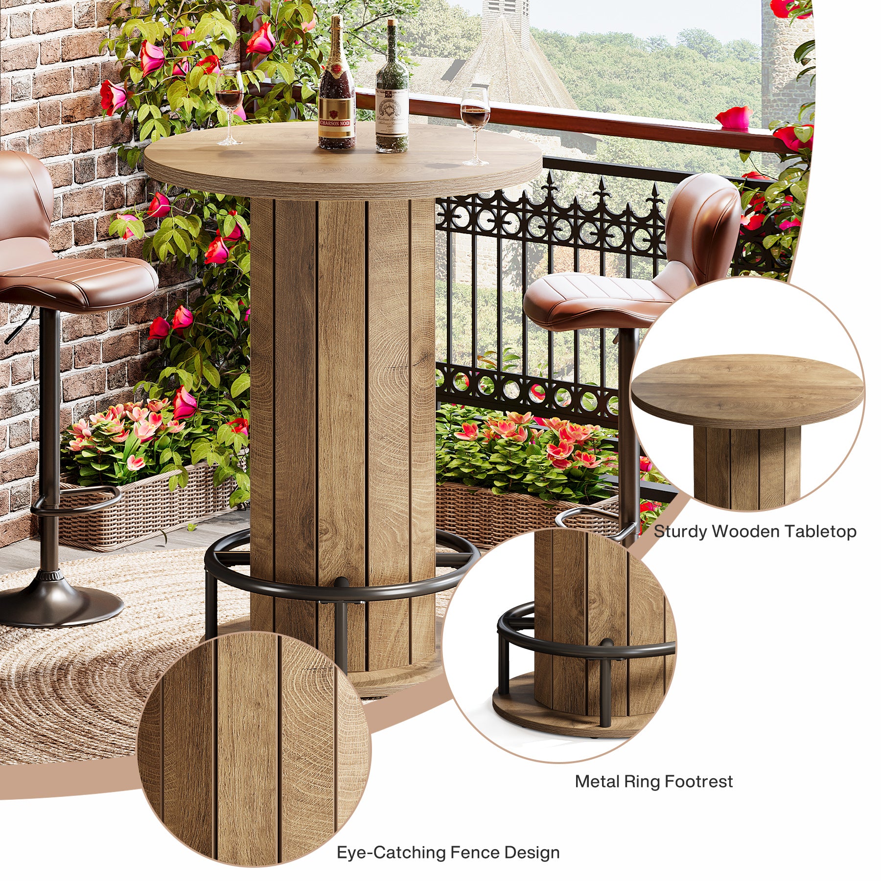 39.4" Round Wood Bar Table, Metal Ring Footrest for Dining & Living