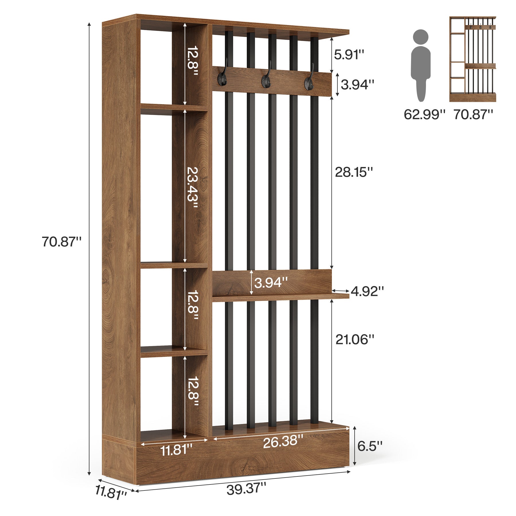 70.9 Inch Room Divider, Freestanding Bookshelf Partition with Shelves and Coat Hooks