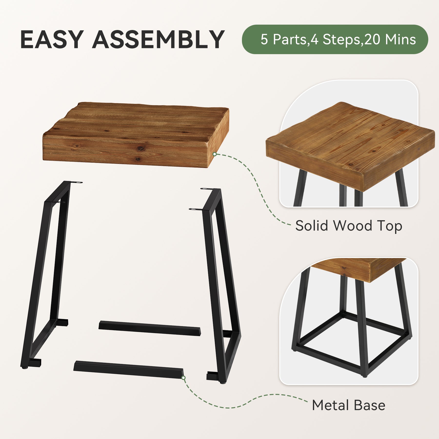 19.7 Inch Solid Wood Nightstand with Metal Frame, Industrial Square Bedside Table