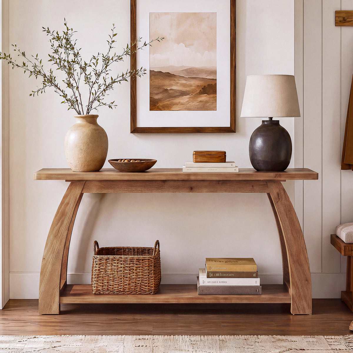 Tribesigns 63 Inch Solid Wood Console Table with Arched Legs, 2-Tier Entryway Table for Hallway