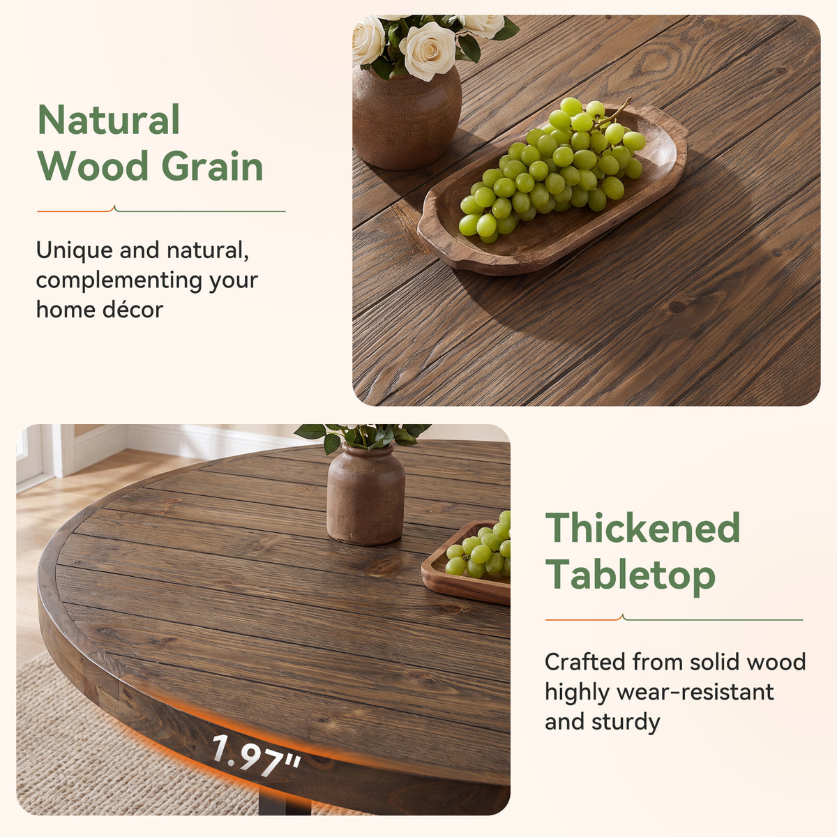 47.24 Inch Solid Wood Round Dining Table with Metal Cross Base, Farmhouse Kitchen Table for 4-6