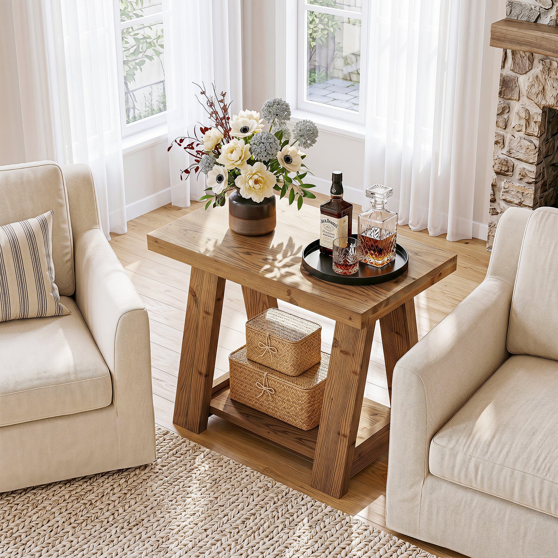 23.62 Inch Solid Wood End Table with 2-Tier Storage Shelves, Farmhouse Side Table for Living Room