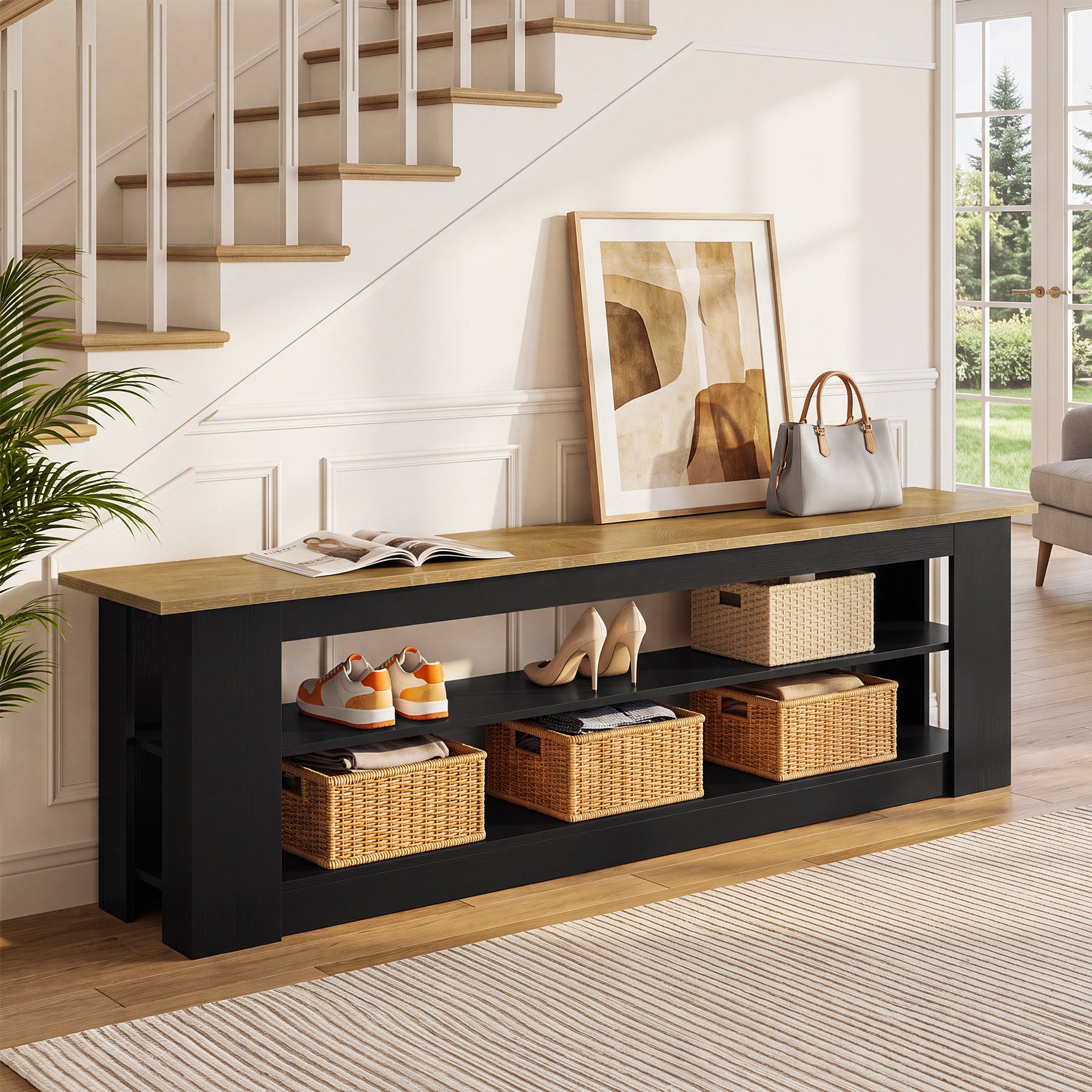 71-Inch Extra Long Shoe Storage Bench with 3-Tier Shelving, Farmhouse Entryway Seating