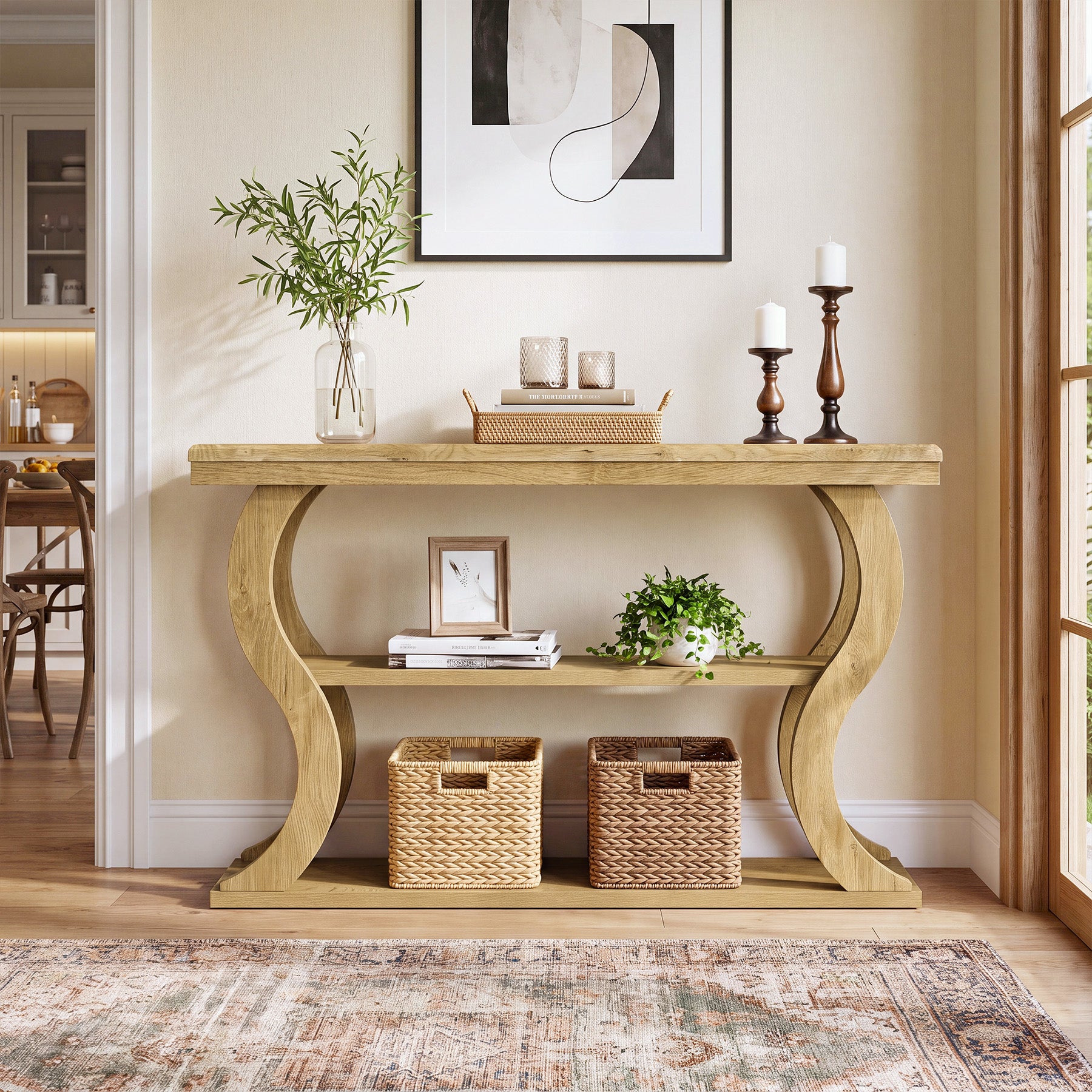 Tribesigns 55 Inch Console Table with 3-Tier Storage, Farmhouse Hallway Table with Wave Legs