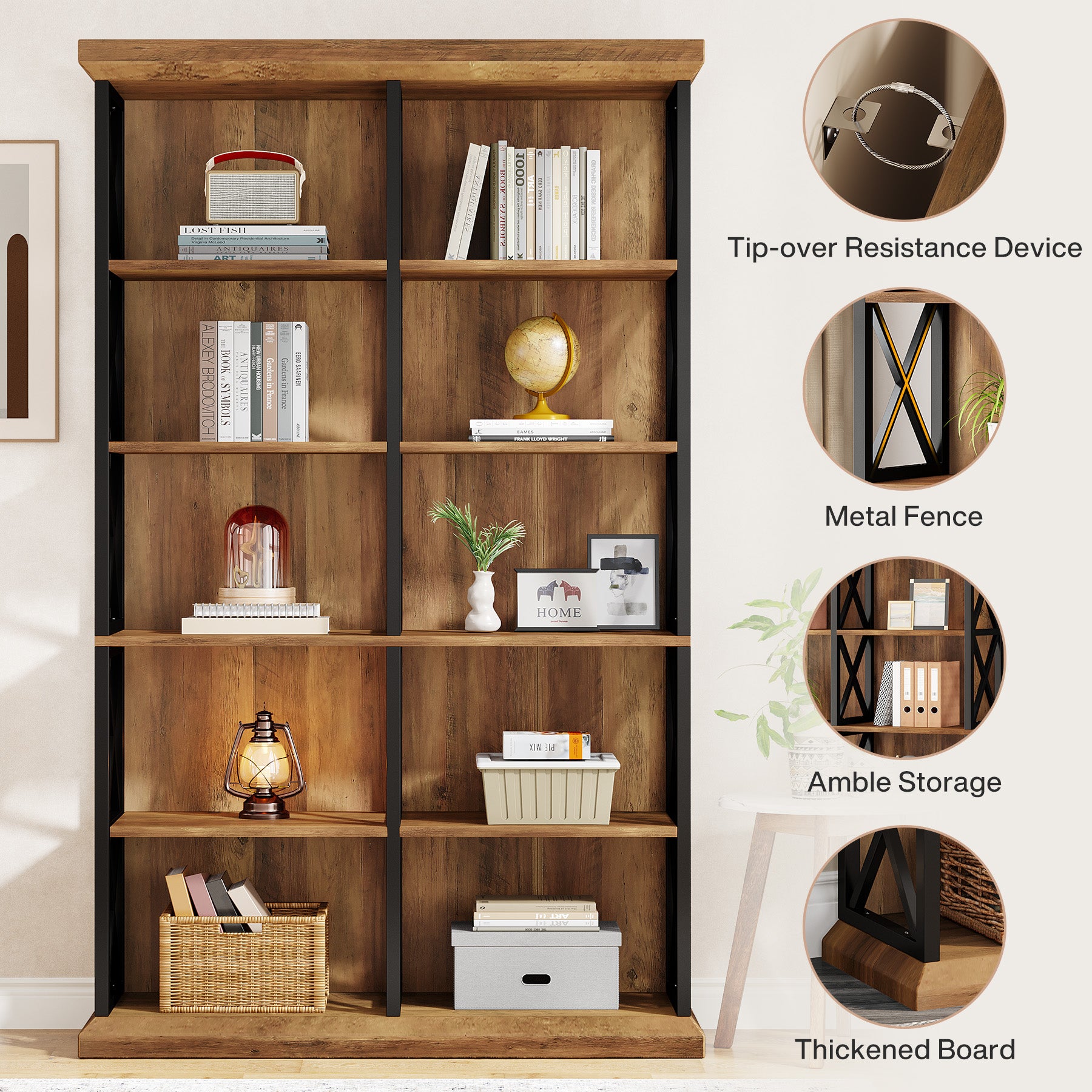 Tribesigns 75-Inch Tall Double Wide Bookcase, 6-Tier Industrial Bookshelf with X-Pattern Frame