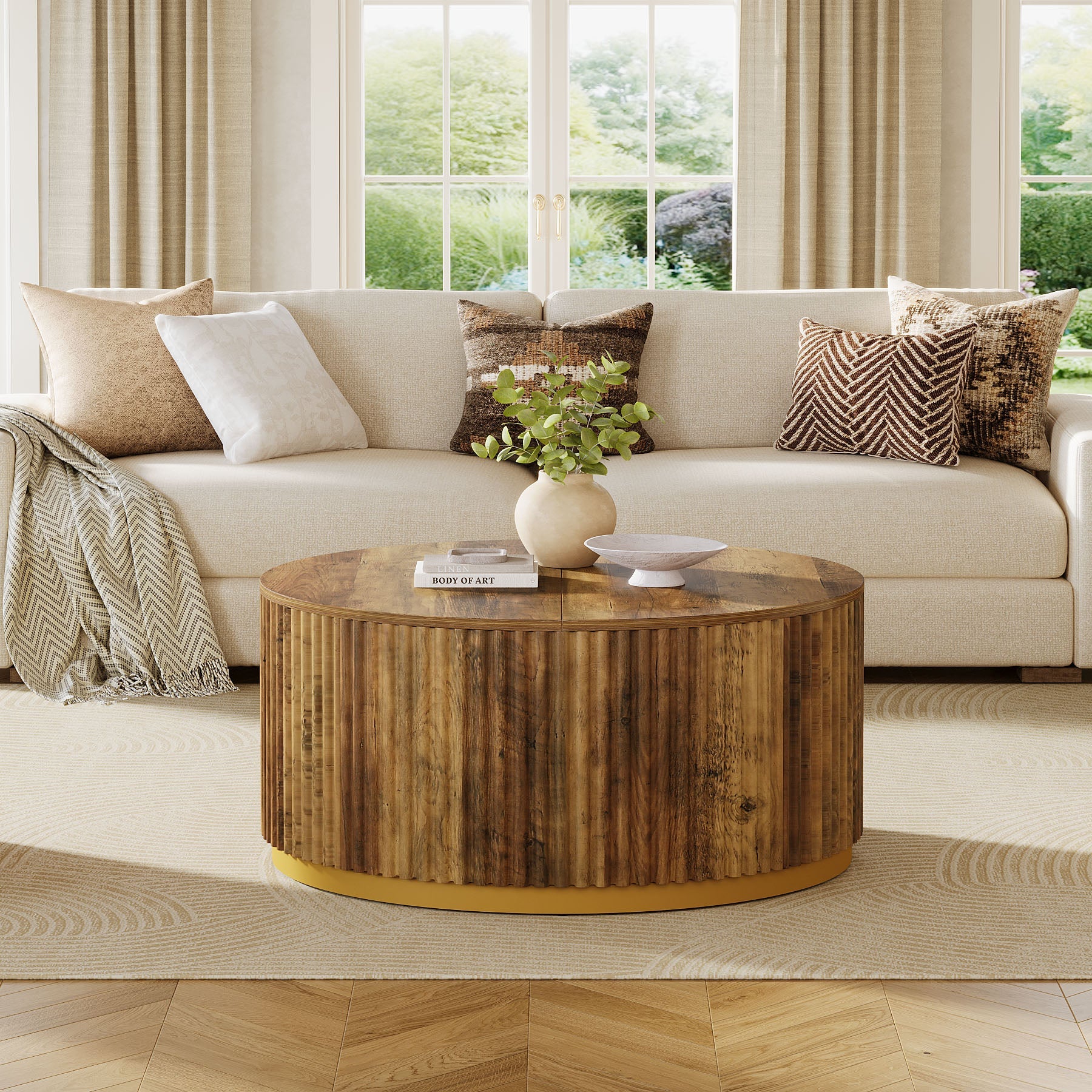 31.5" Round Fluted Wood Coffee Table with Drum Base, Mid Century Modern Rustic Brown