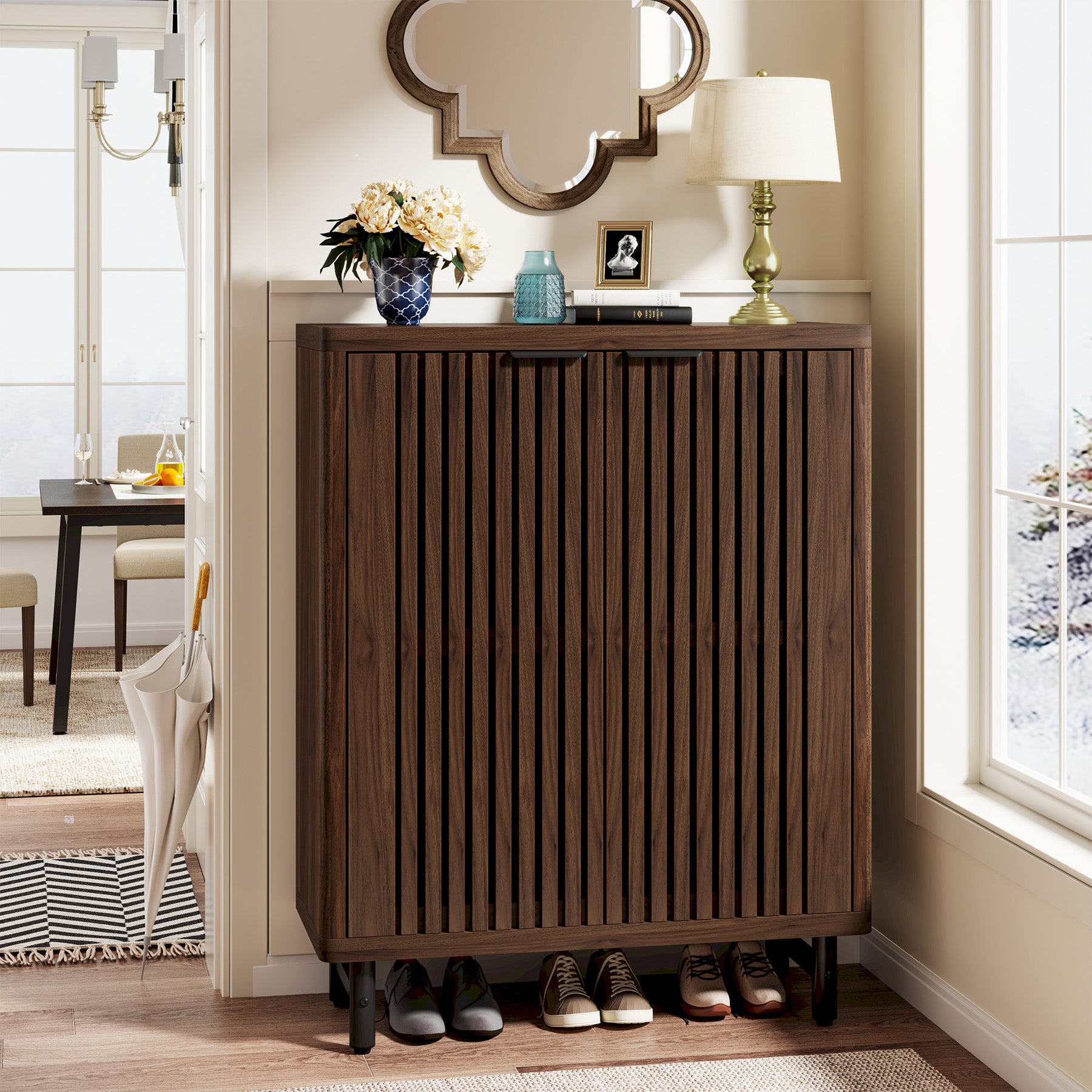 33.46-Inch 6-Tier Farmhouse Shoe Cabinet with Shutter Doors, Wooden Shoe Organizer with Adjustable Shelves for Entryway and Hallway