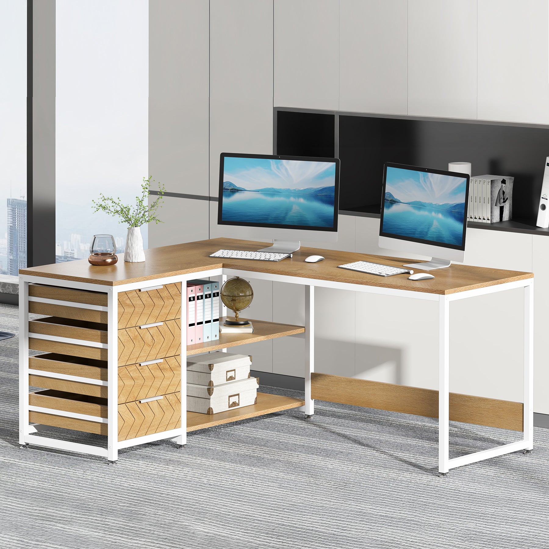 59" L-Shaped Desk, Reversible Corner Computer Desk with Drawers and Shelves