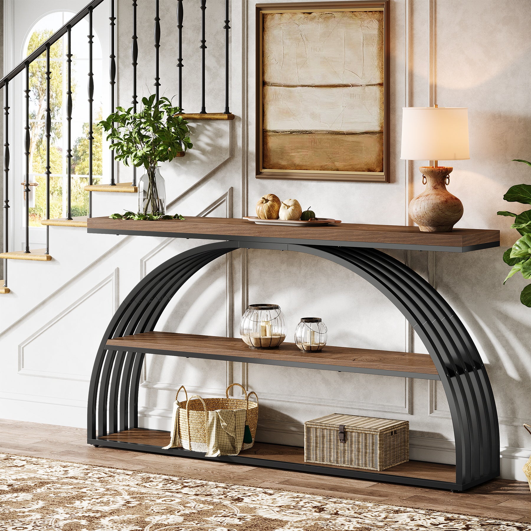 Tribesigns 63-Inch Console Table with 3-Tier Storage Shelves, Arched Frame Sofa Table for Living Room