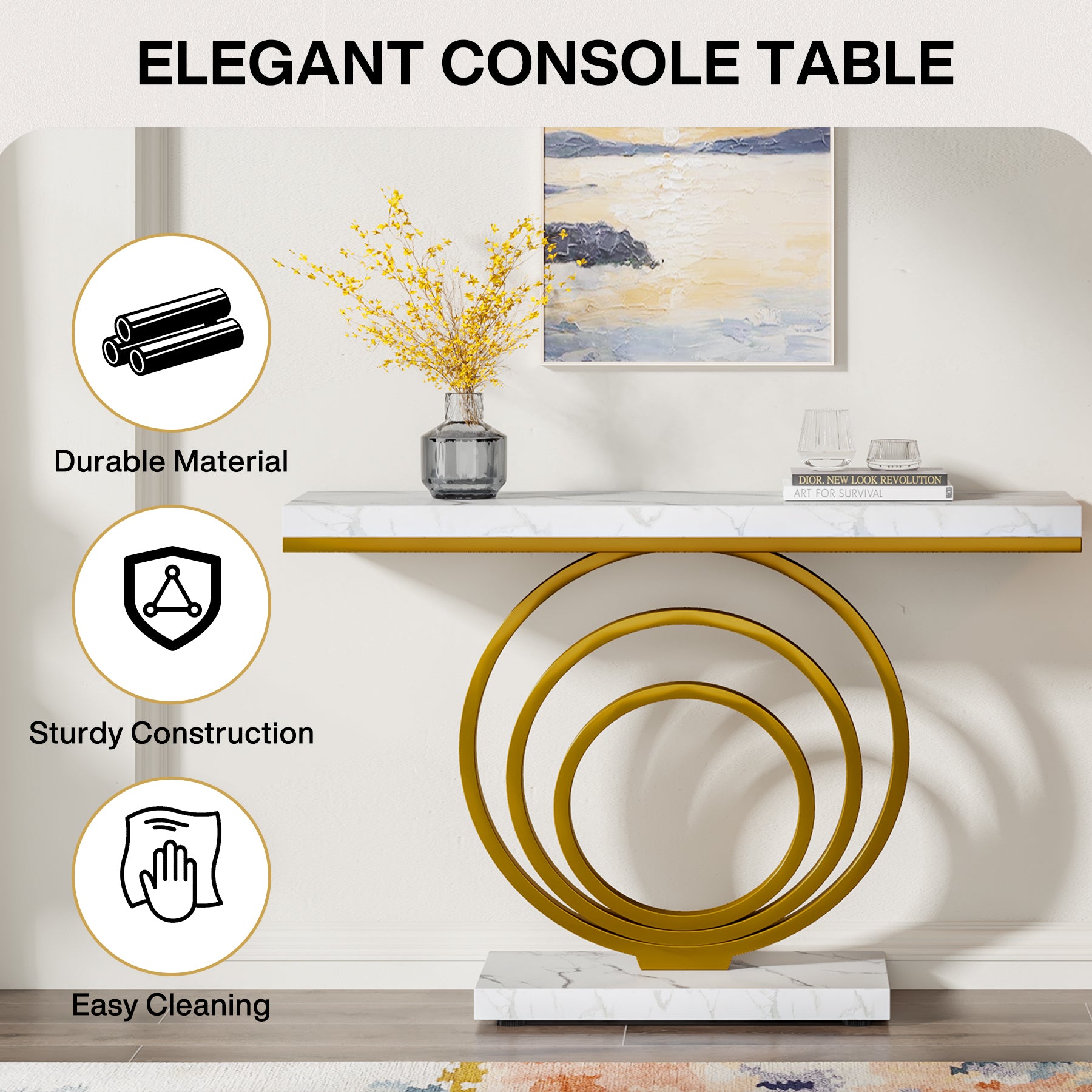 Tribesigns 41.3-Inch Gold Console Table, Narrow Entryway Table with Faux Marble Veneer Top and Geometric Metal Frame for Hallway