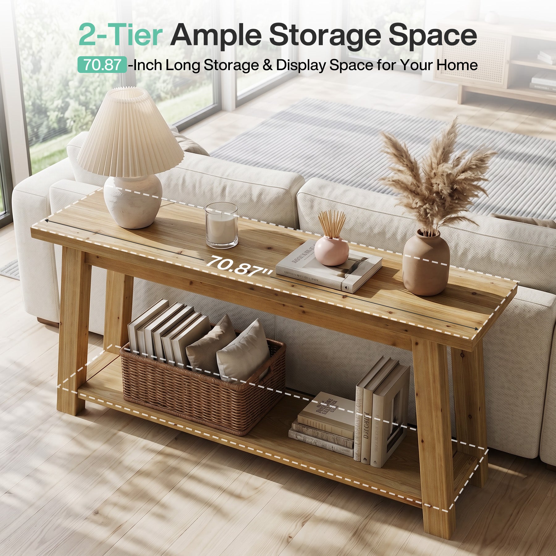 70.9-Inch Solid Wood Console Table with 2-Tier Storage Shelf, Farmhouse Entryway Table for Living Room and Hallway