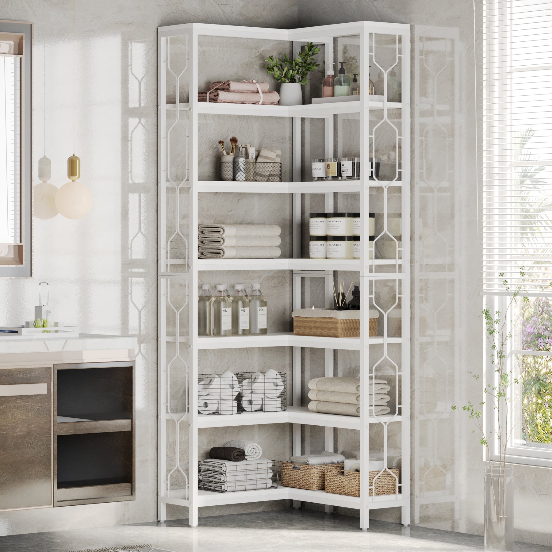 78.7-Inch 7-Tier Corner Bookcase with Hexagon-Pattern Side Panels, Tall Display Unit for Living Room