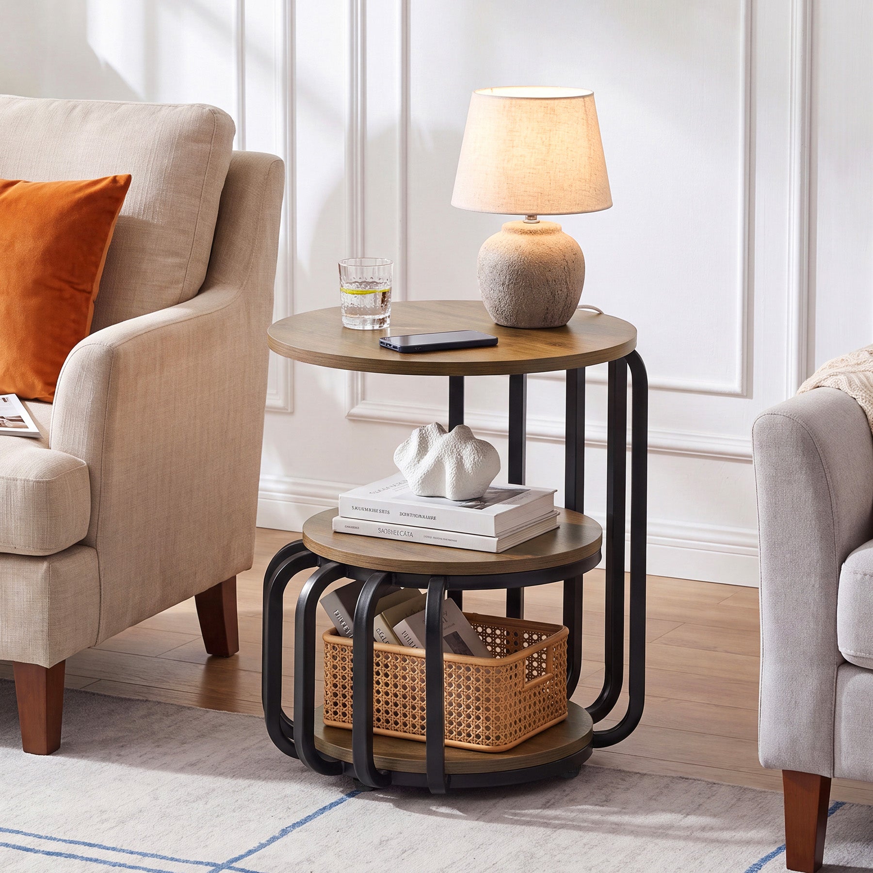 19.69 Inch Round End Table, 3 Tier Industrial Side Table with Storage for Living Room
