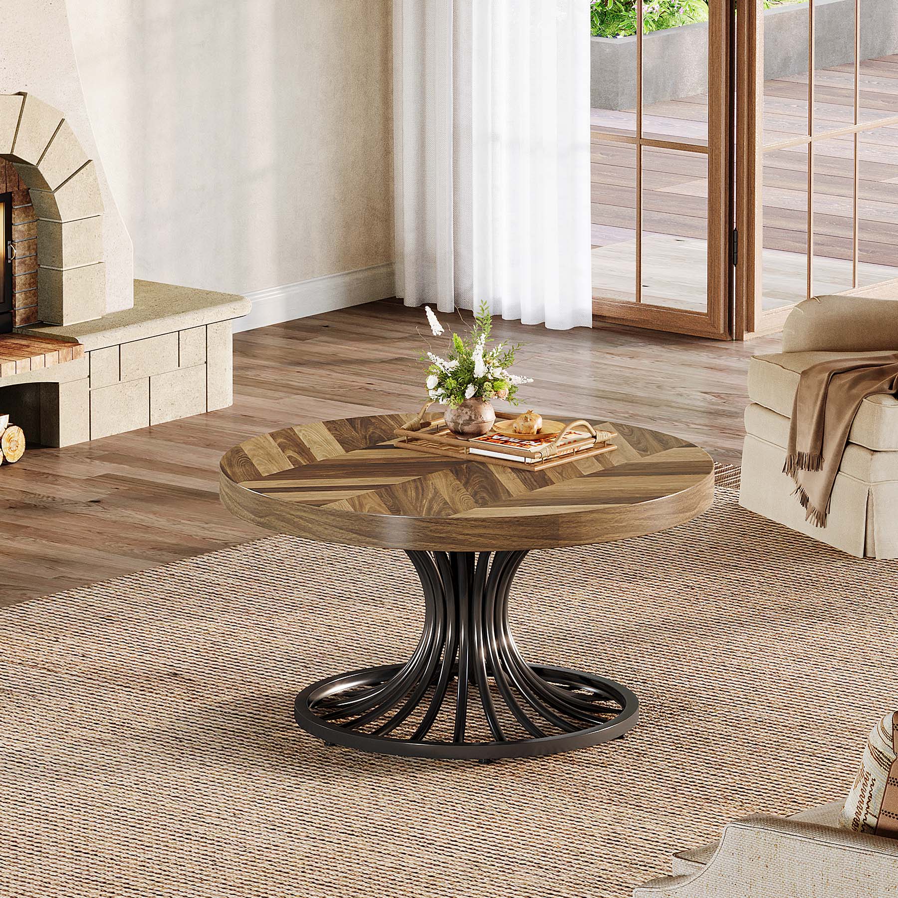31.5-Inch Round Wood Coffee Table, Farmhouse Circle Table with Metal Pedestal for Living Room
