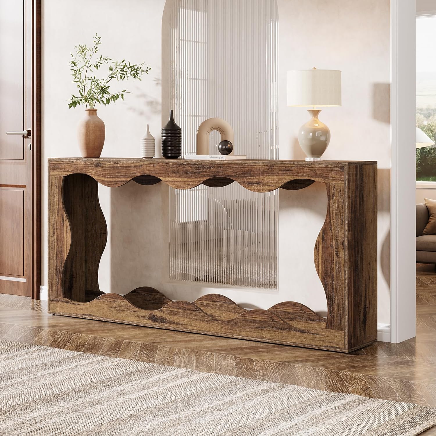 63" Rustic Farmhouse Console Table - Scalloped Sofa Table with Storage for Hallway & Living Room