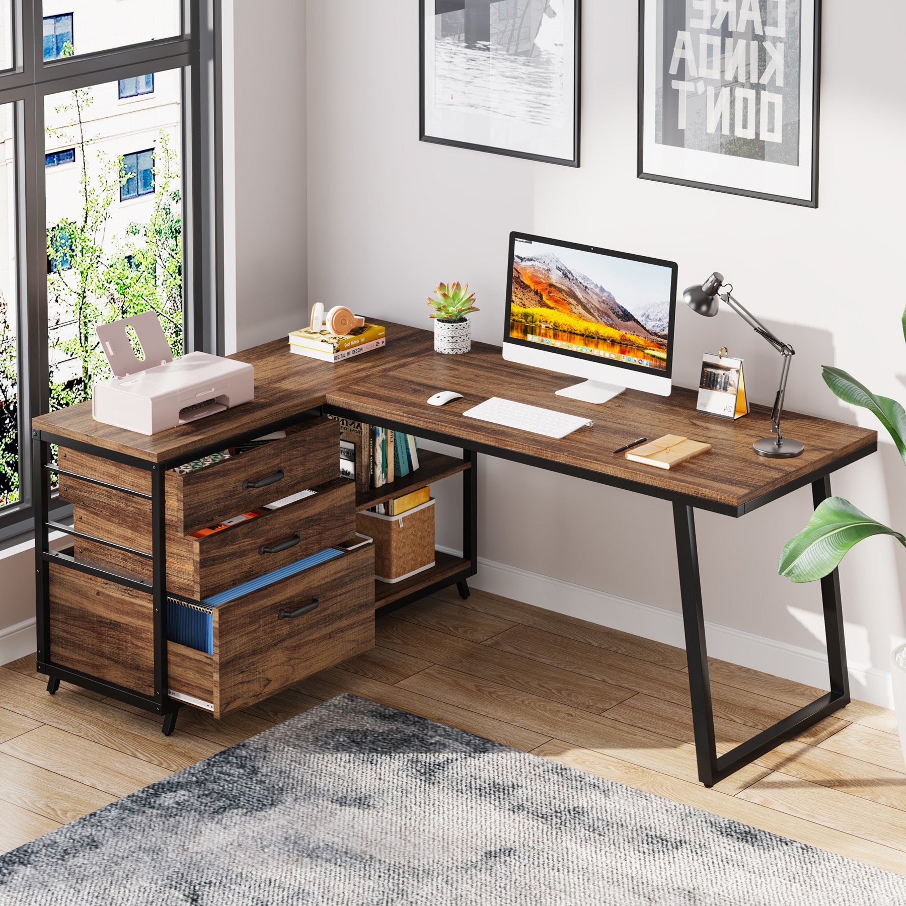 Reversible L-Shaped Computer Desk with 3 Drawers and Shelves, 53-Inch Rustic Brown Corner Desk for Small Spaces