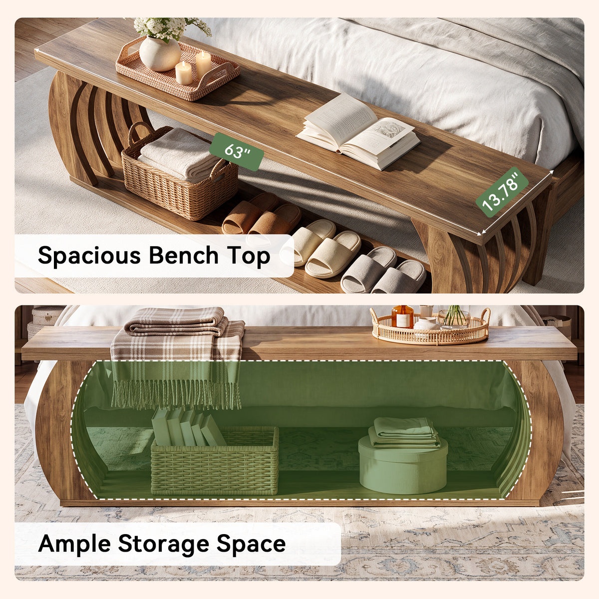 Tribesigns 63-Inch End of Bed Bench with Storage, Farmhouse Bedroom Bench with 2-Tier Shelf