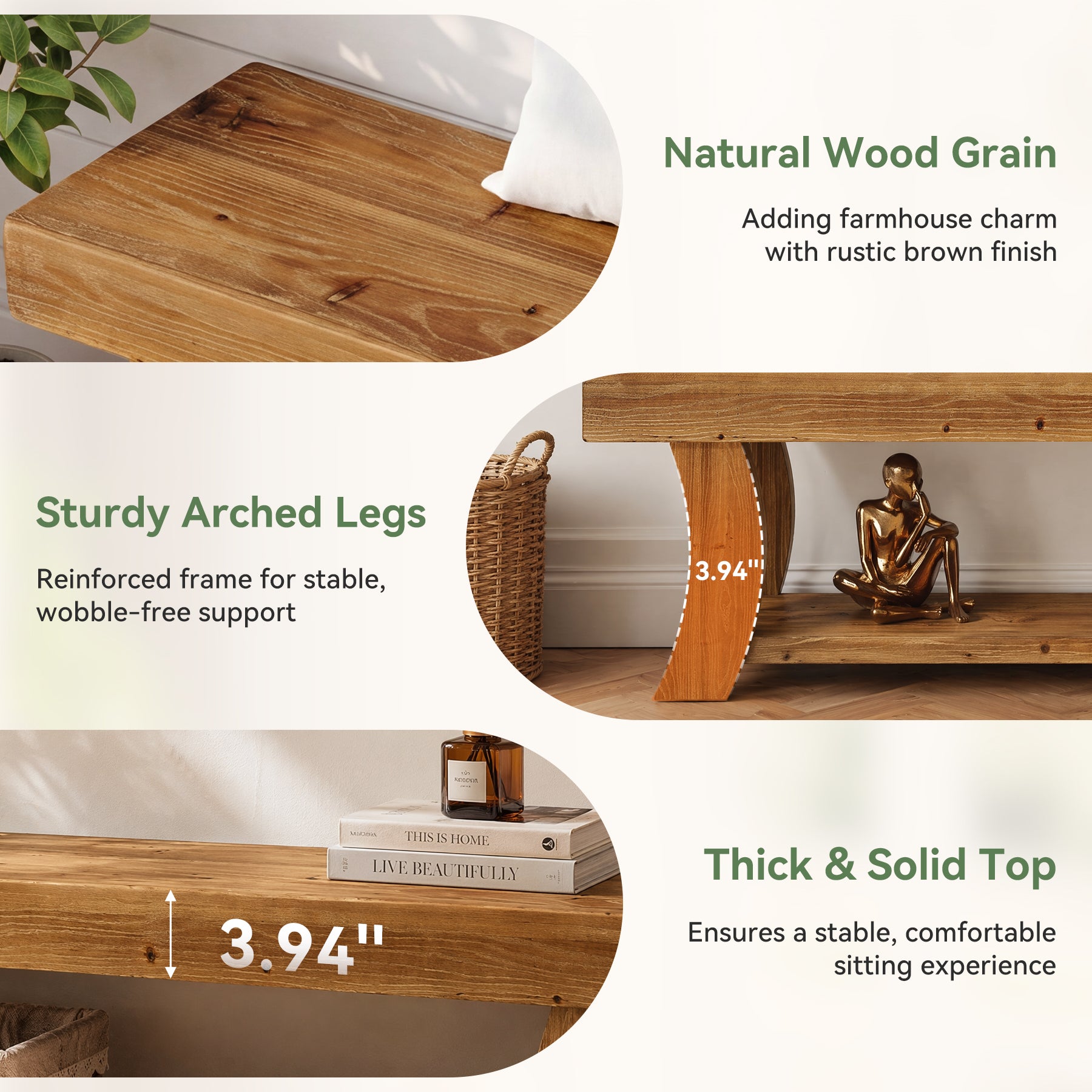 63-Inch Solid Fir Wood Storage Bench with Curved Legs, Farmhouse Bench for Hallway