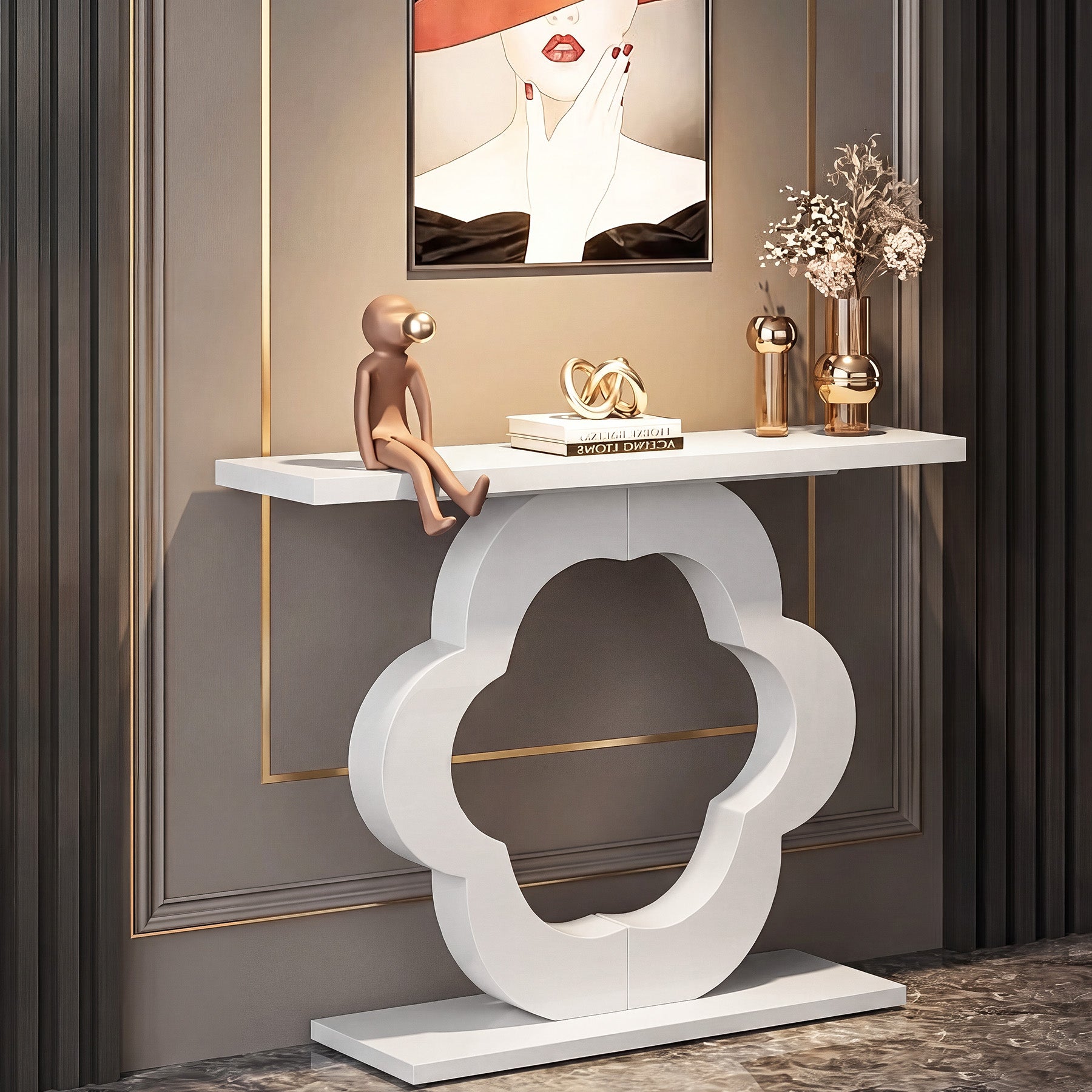 39.4-Inch White High-Gloss Console Table with Flower Cutout Base, Narrow Entryway Table for Living Room and Hallway