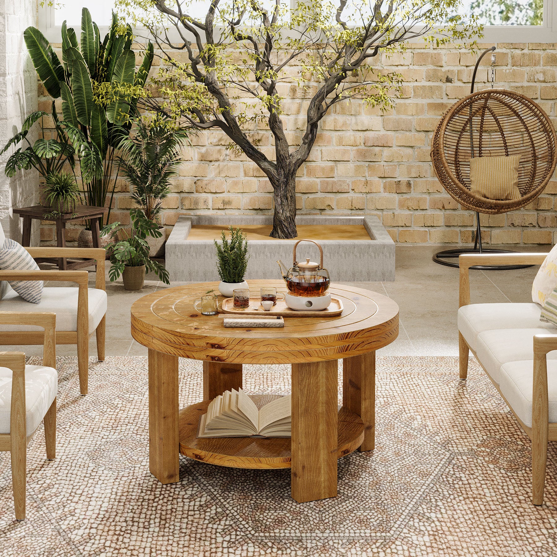 31.5-Inch Round Coffee Table, Farmhouse Solid Wood 2-Tier Storage Accent Table with Boho Design