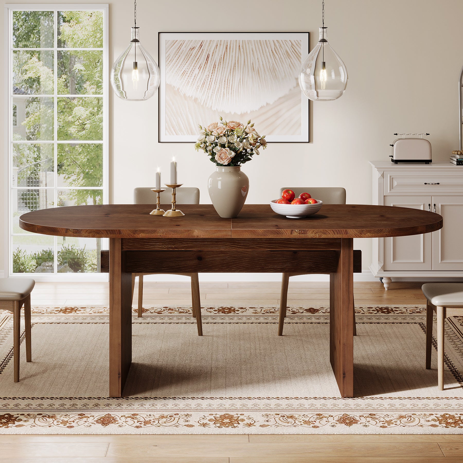 63-Inch Solid Wood Oval Dining Table for 4 to 6 People with Double Pedestal Base, Farmhouse Kitchen Table for Dining Room and Home Kitchen